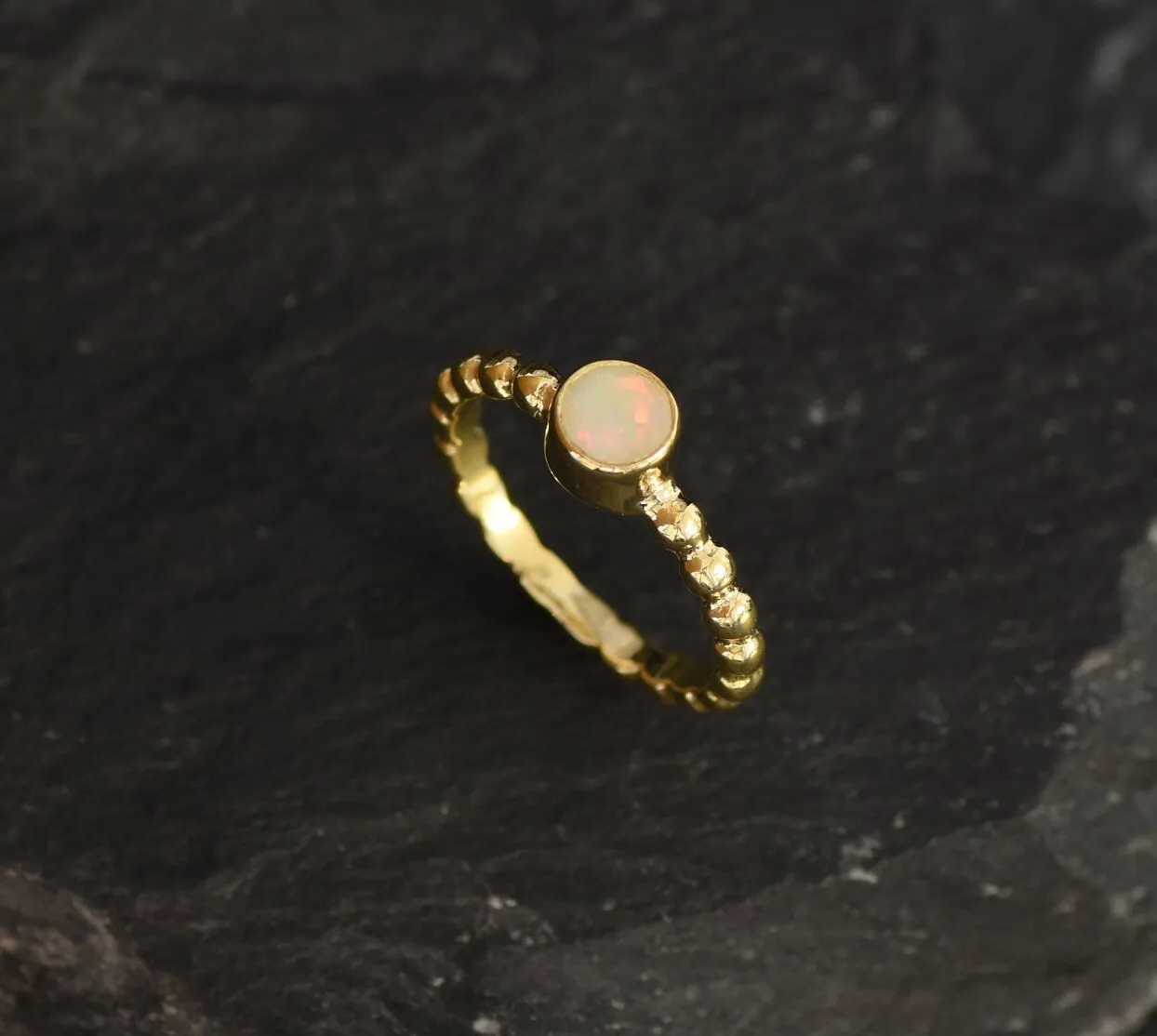 Fire Opal Ring - Gold Bubble Band - Solitaire Opal Ring