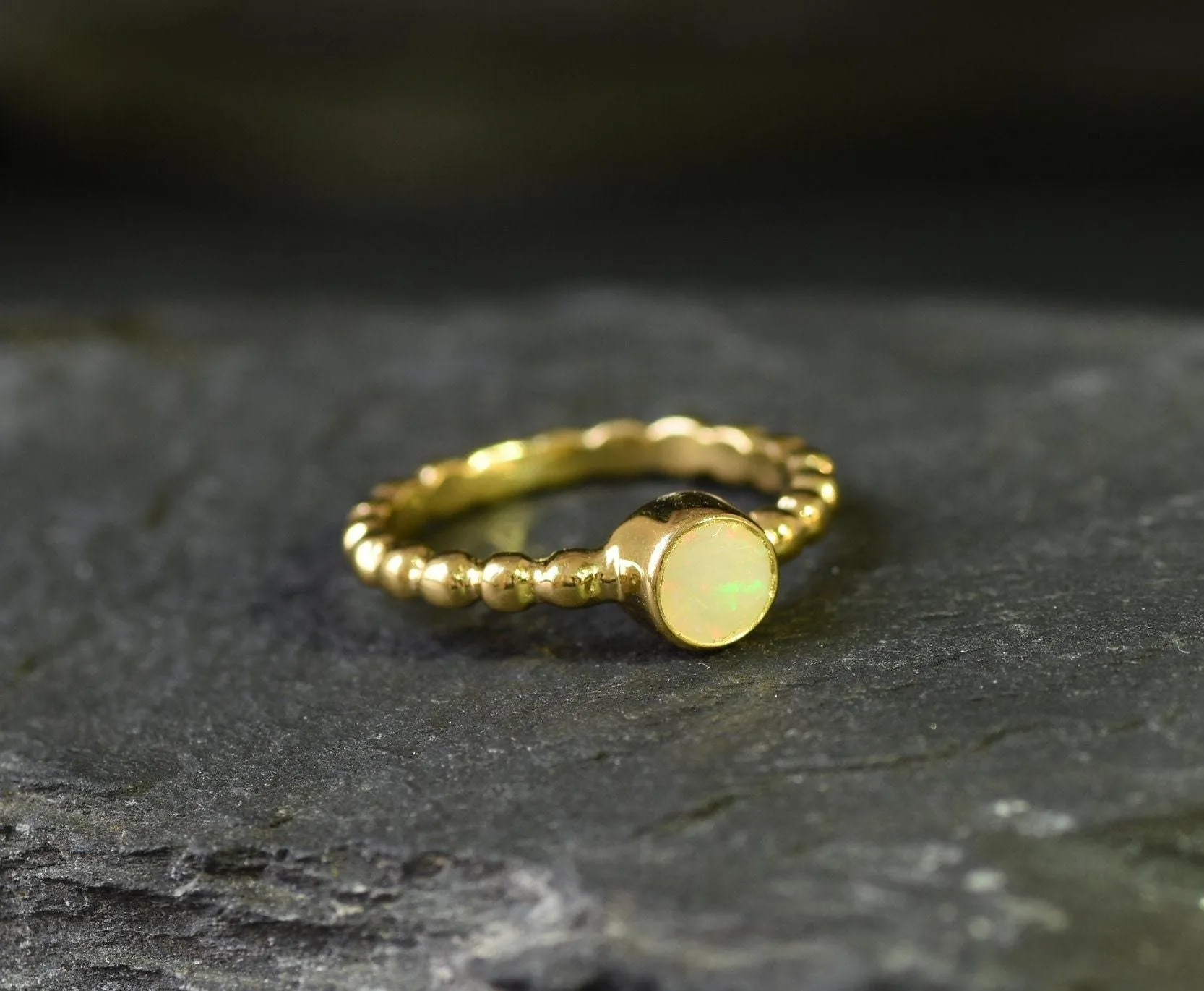 Fire Opal Ring - Gold Bubble Band - Solitaire Opal Ring