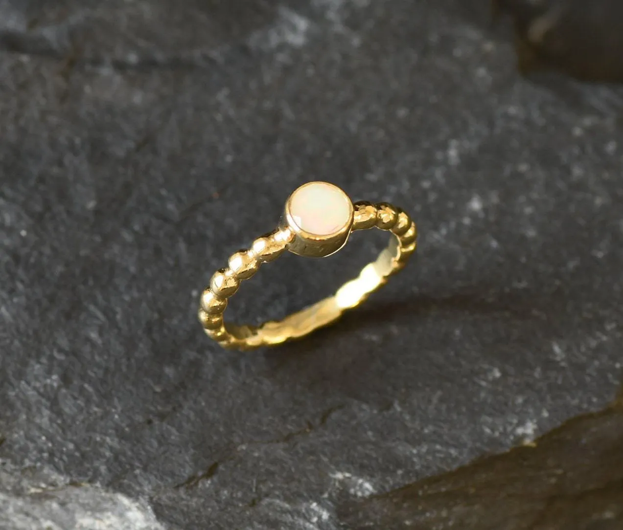 Fire Opal Ring - Gold Bubble Band - Solitaire Opal Ring