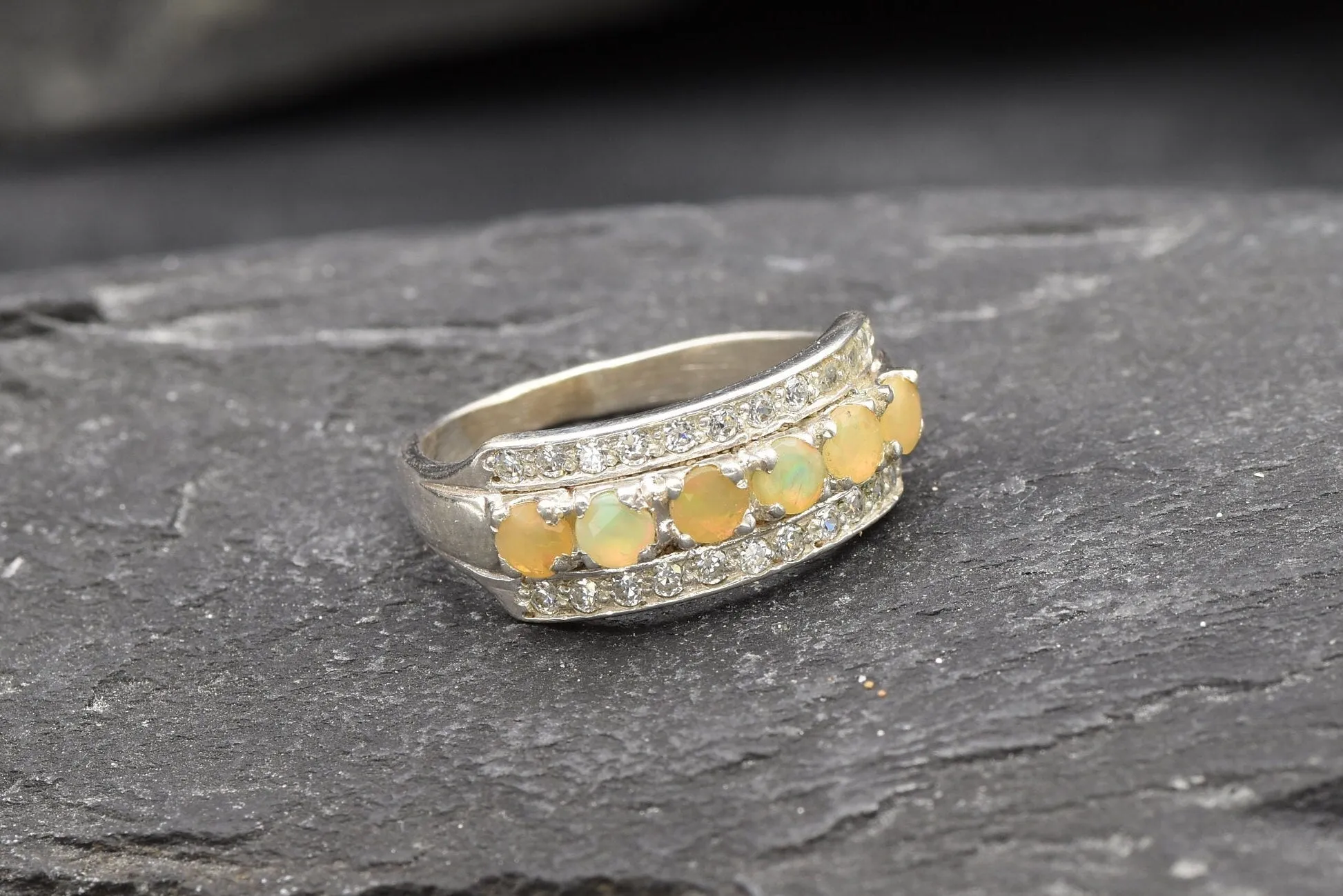 Fire Opal Ring - Natural Fire Opal, Half Eternity Band