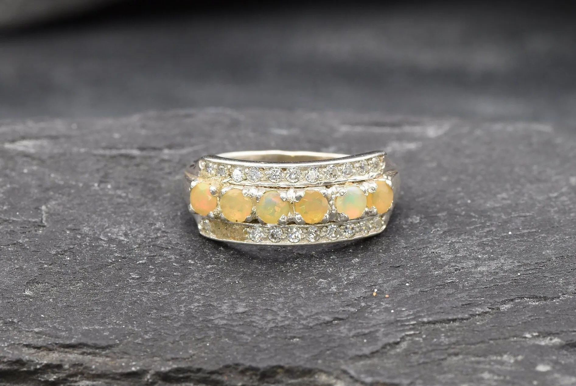 Fire Opal Ring - Natural Fire Opal, Half Eternity Band