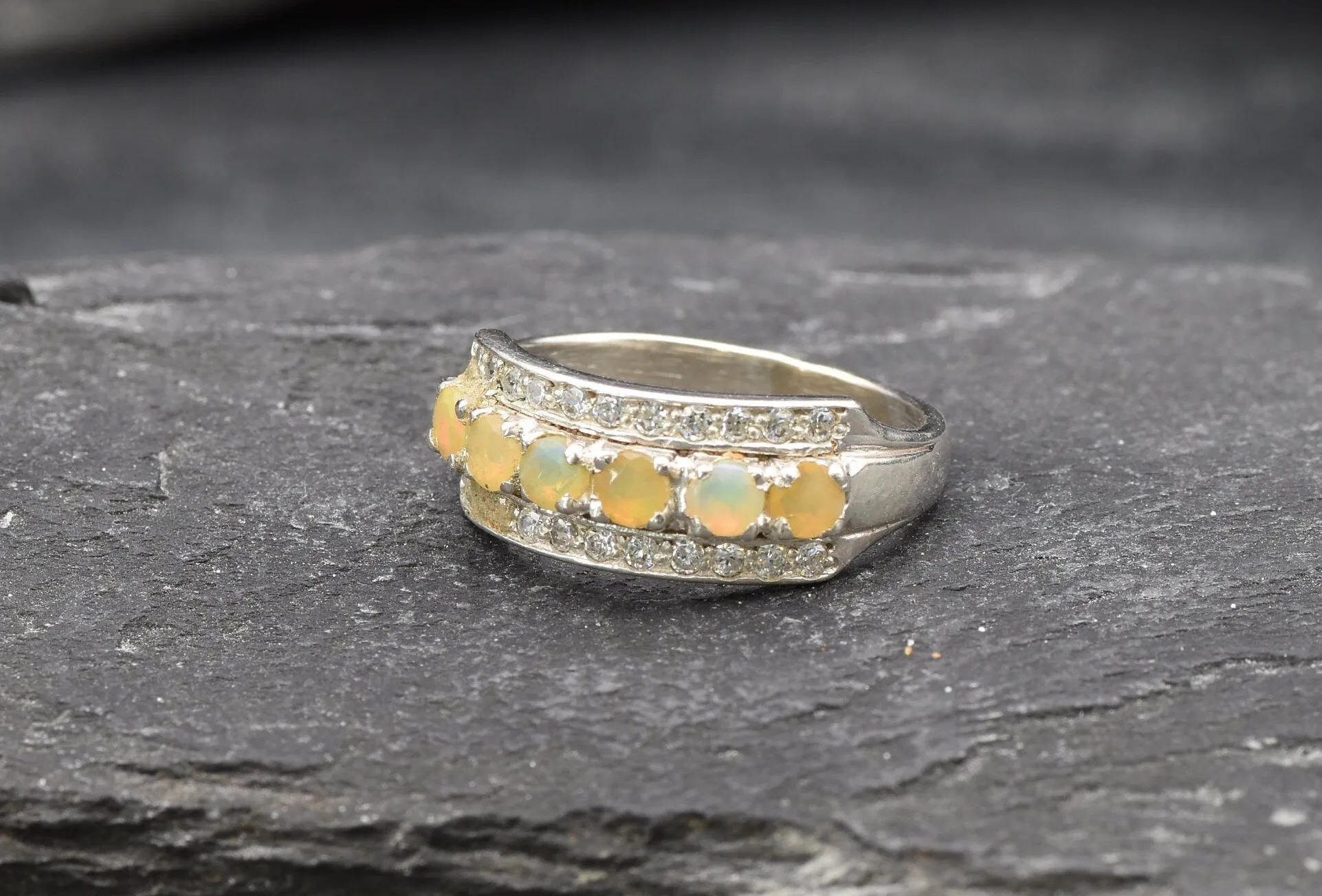 Fire Opal Ring - Natural Fire Opal, Half Eternity Band