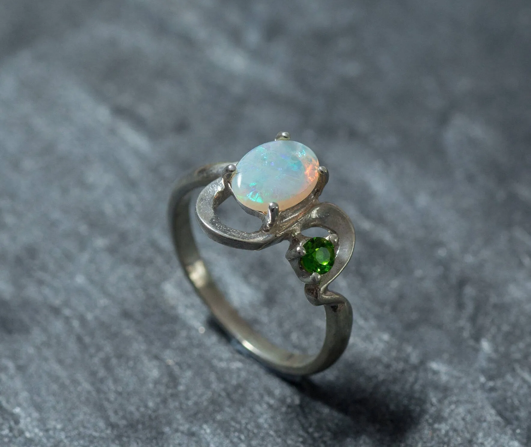 Fire Opal Ring - Two Stone Ring - Opal Statement Ring