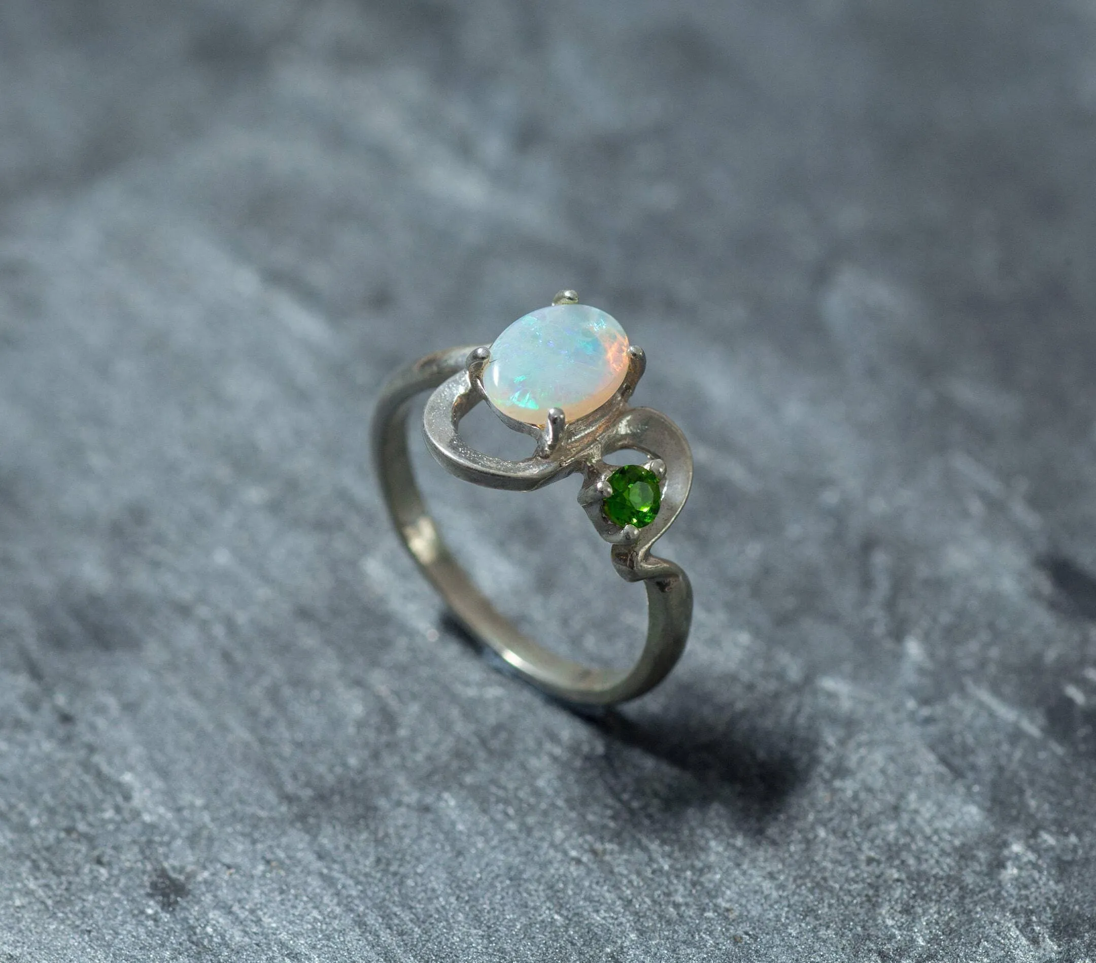 Fire Opal Ring - Two Stone Ring - Opal Statement Ring