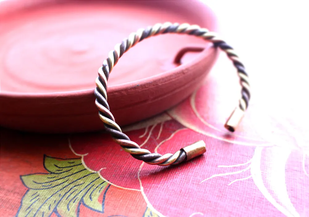 Flat Twisted Copper Bracelet, Three Metal Twisted Cuff Bracelet