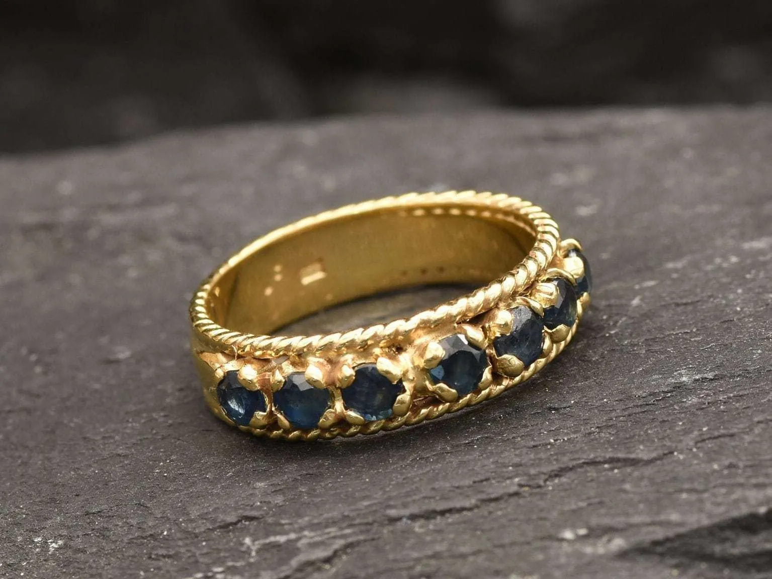 Genuine Sapphire Ring - Gold Half Eternity Band - Blue Vintage Wide Band