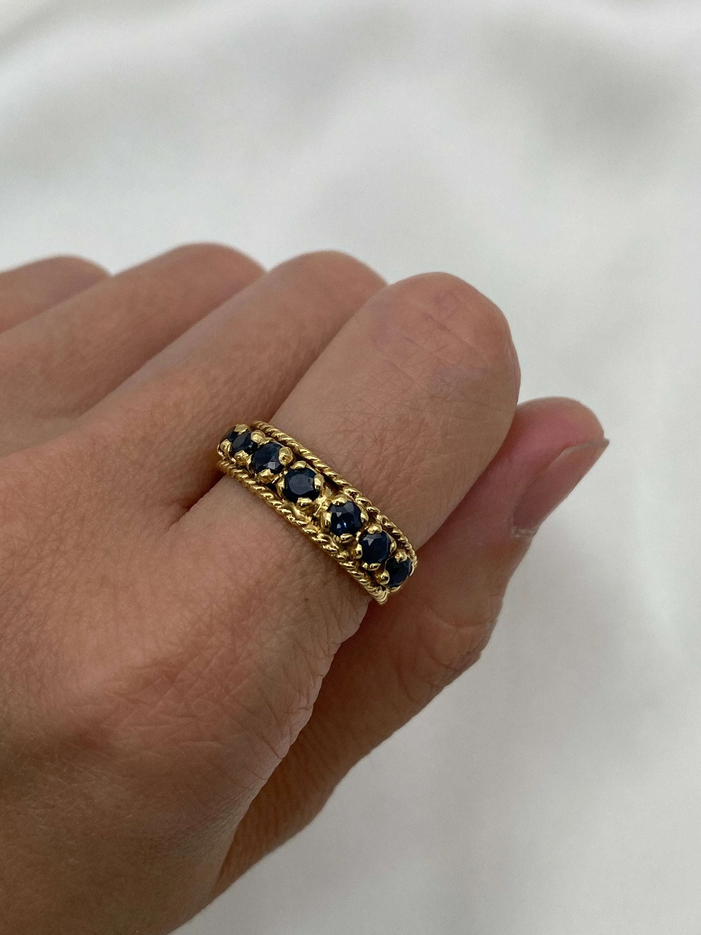 Genuine Sapphire Ring - Gold Half Eternity Band - Blue Vintage Wide Band