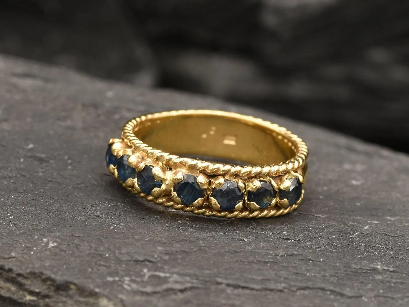 Genuine Sapphire Ring - Gold Half Eternity Band - Blue Vintage Wide Band