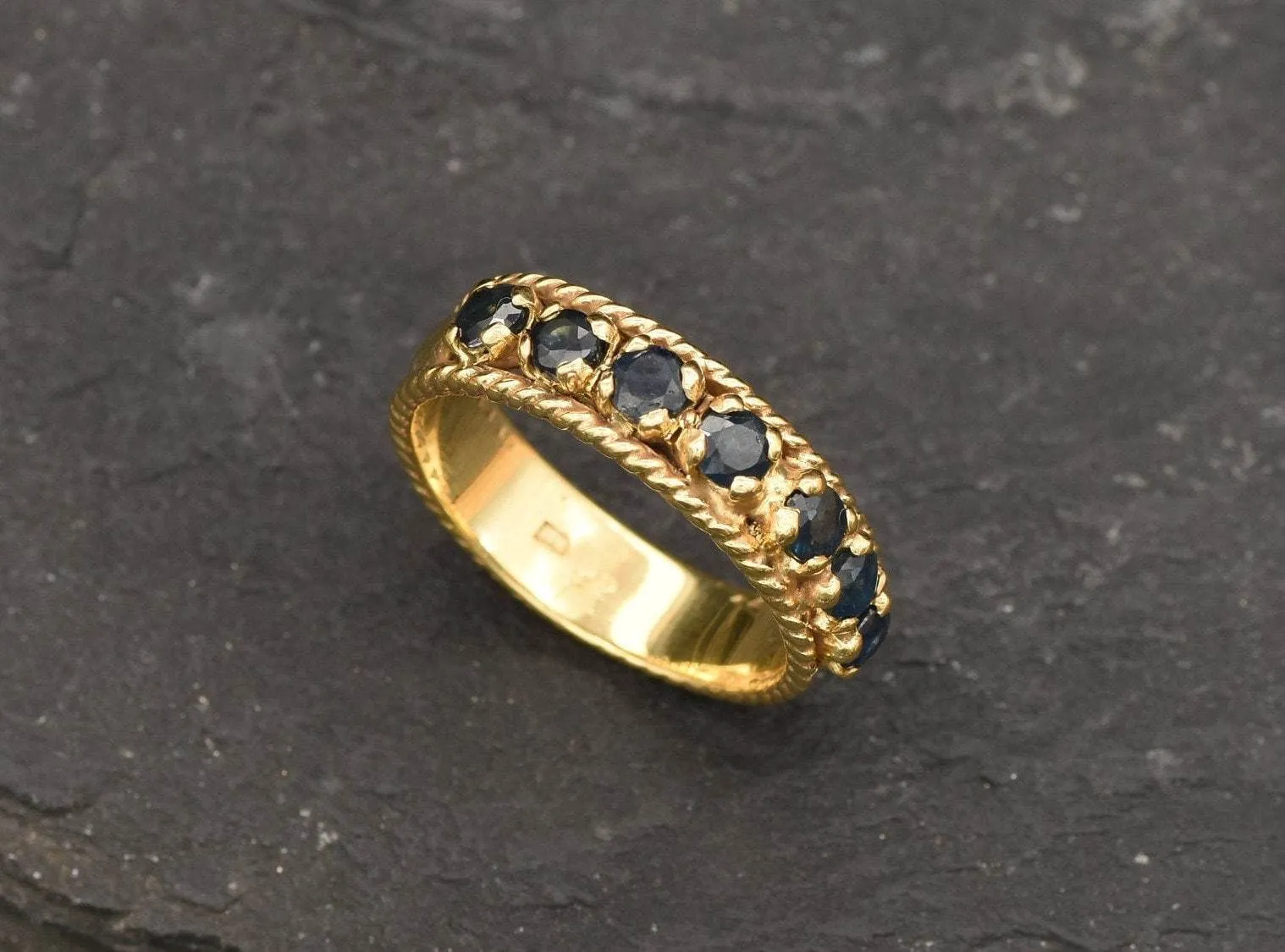 Genuine Sapphire Ring - Gold Half Eternity Band - Blue Vintage Wide Band