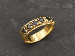 Genuine Sapphire Ring - Gold Half Eternity Band - Blue Vintage Wide Band