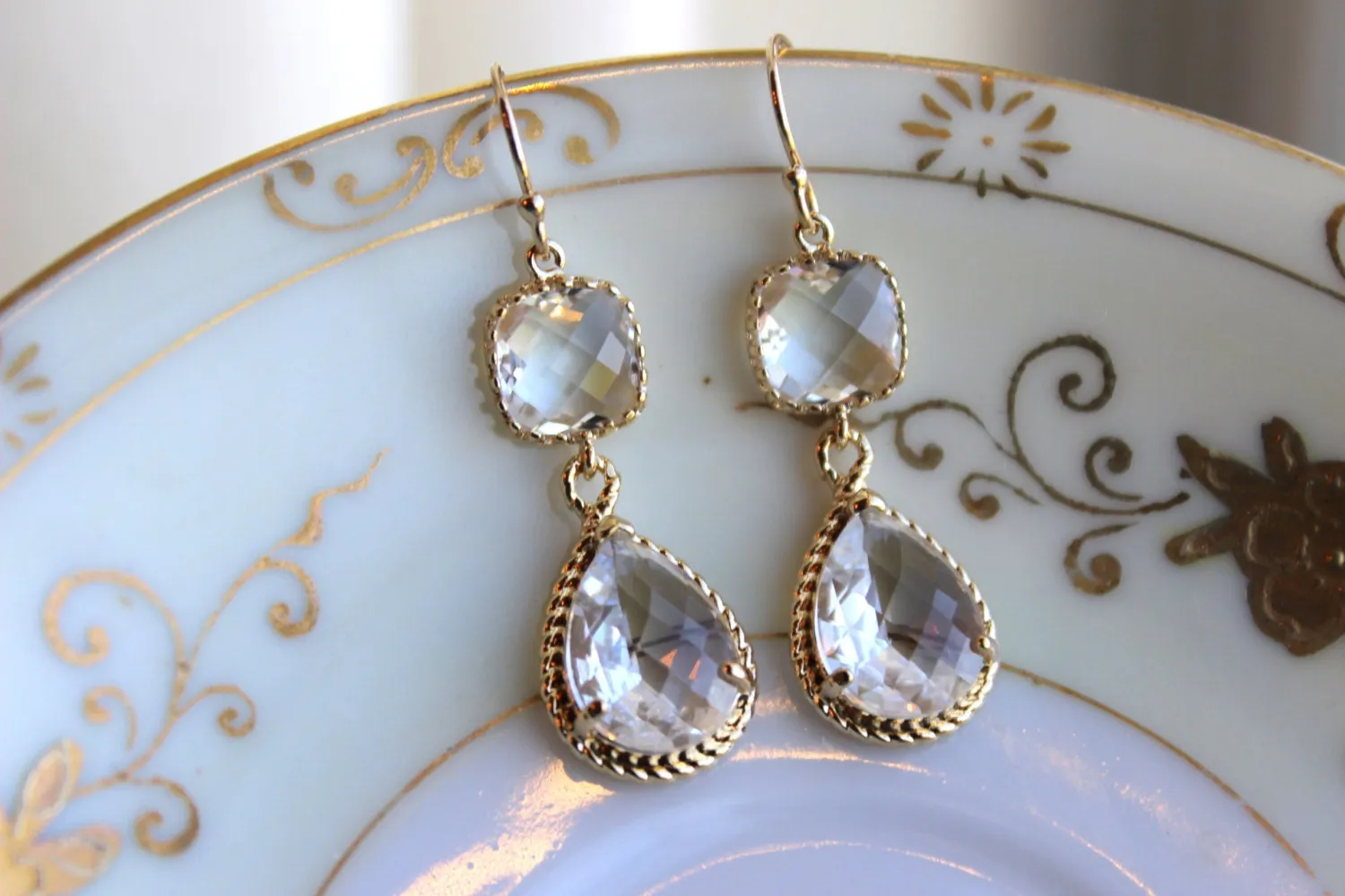 Gold Clear Earrings Crystal - Two Tier Teardrop Earrings - Bridesmaid Earrings - Bridal Earrings - Wedding Earrings