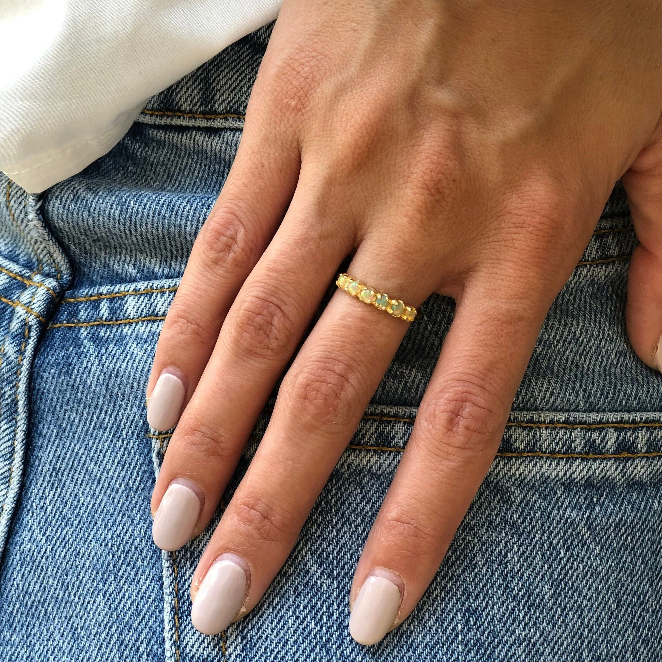 Gold Opal Ring - Half Eternity Gold Band - October Birthstone Ring