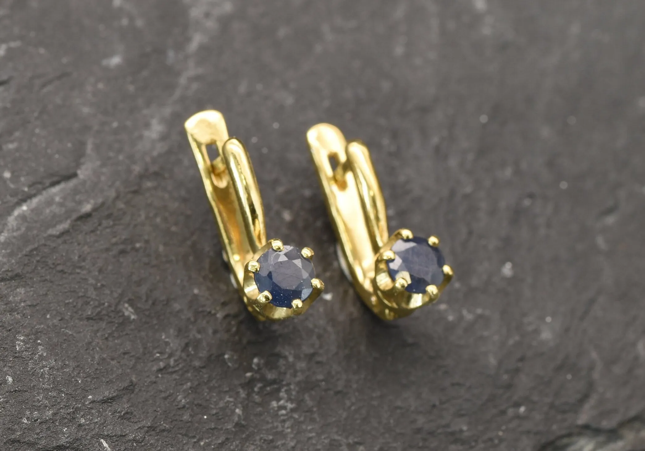 Gold Sapphire Earrings - Natural Sapphire Earrings, Dainty Blue Earrings