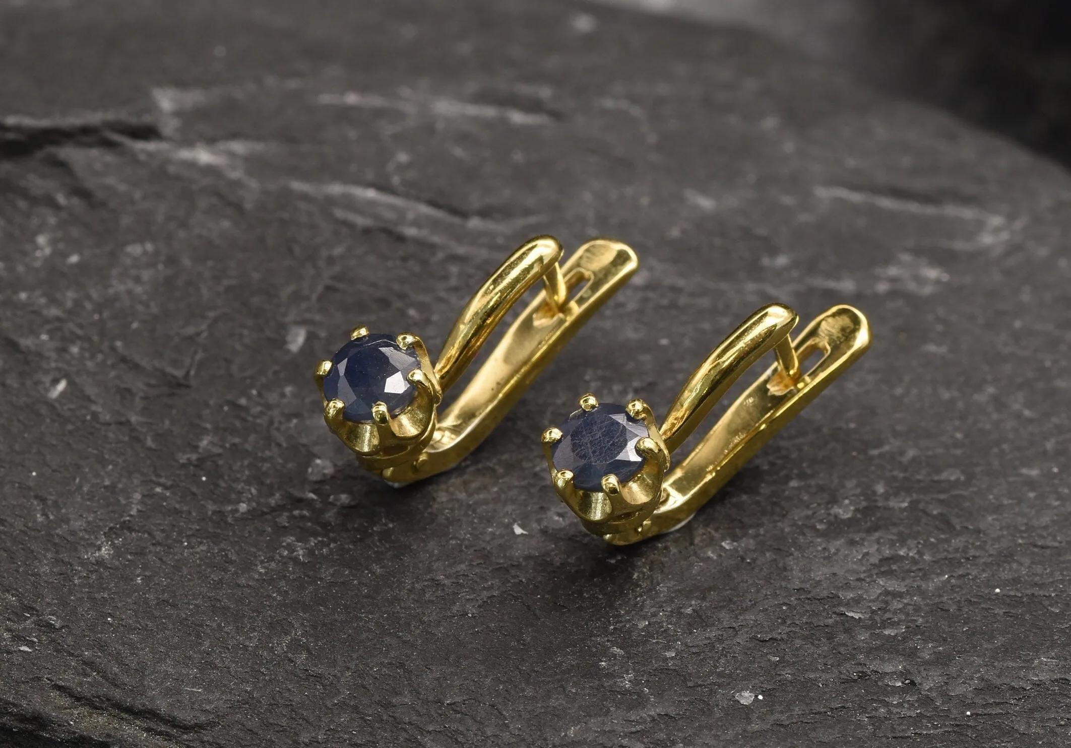 Gold Sapphire Earrings - Natural Sapphire Earrings, Dainty Blue Earrings