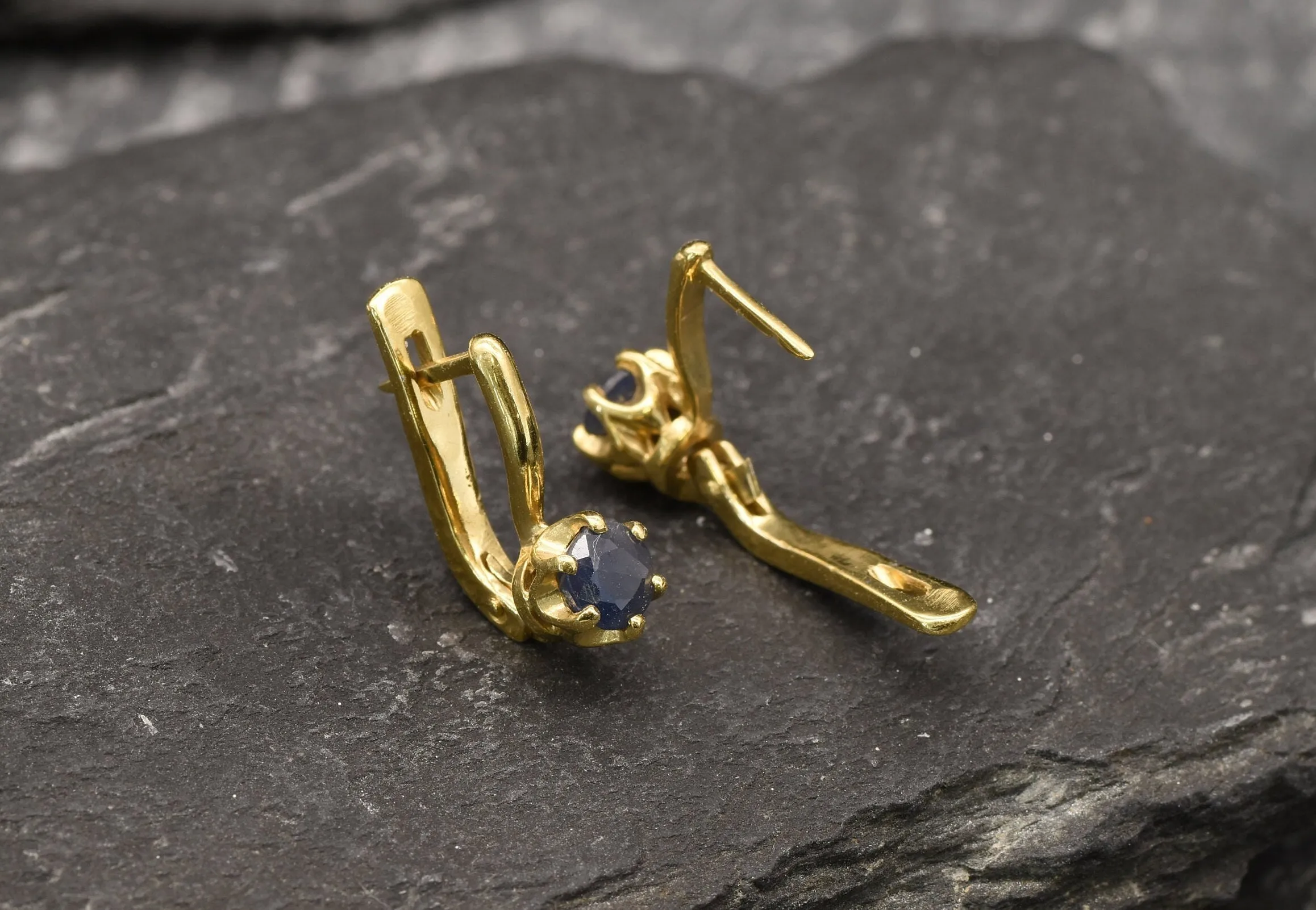 Gold Sapphire Earrings - Natural Sapphire Earrings, Dainty Blue Earrings