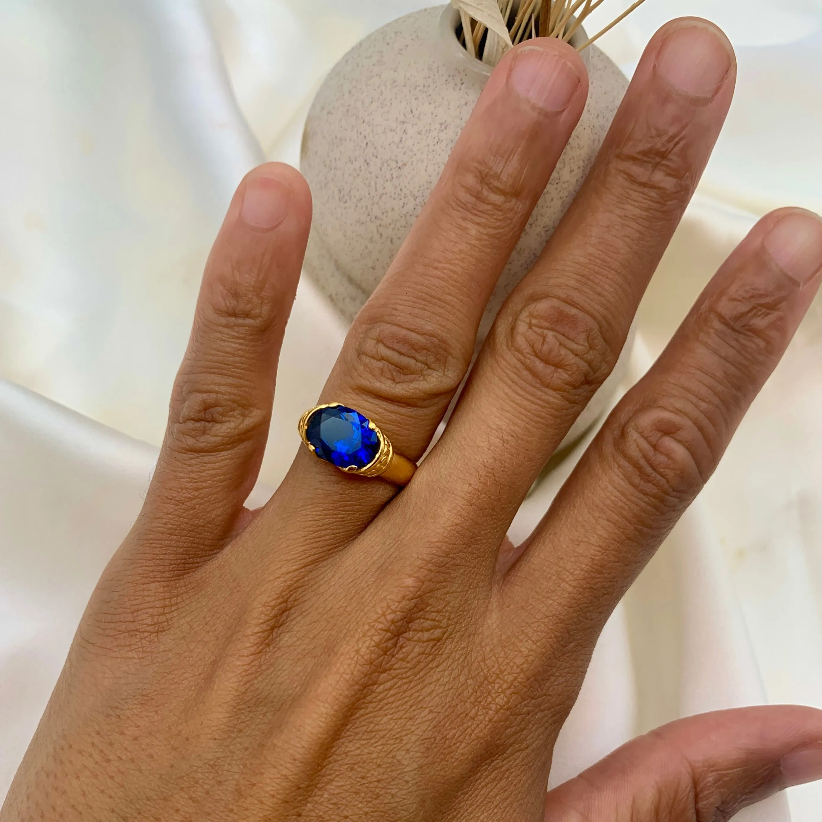 Gold Sapphire Ring - Blue Tribal Ring - Vintage Boho Ring