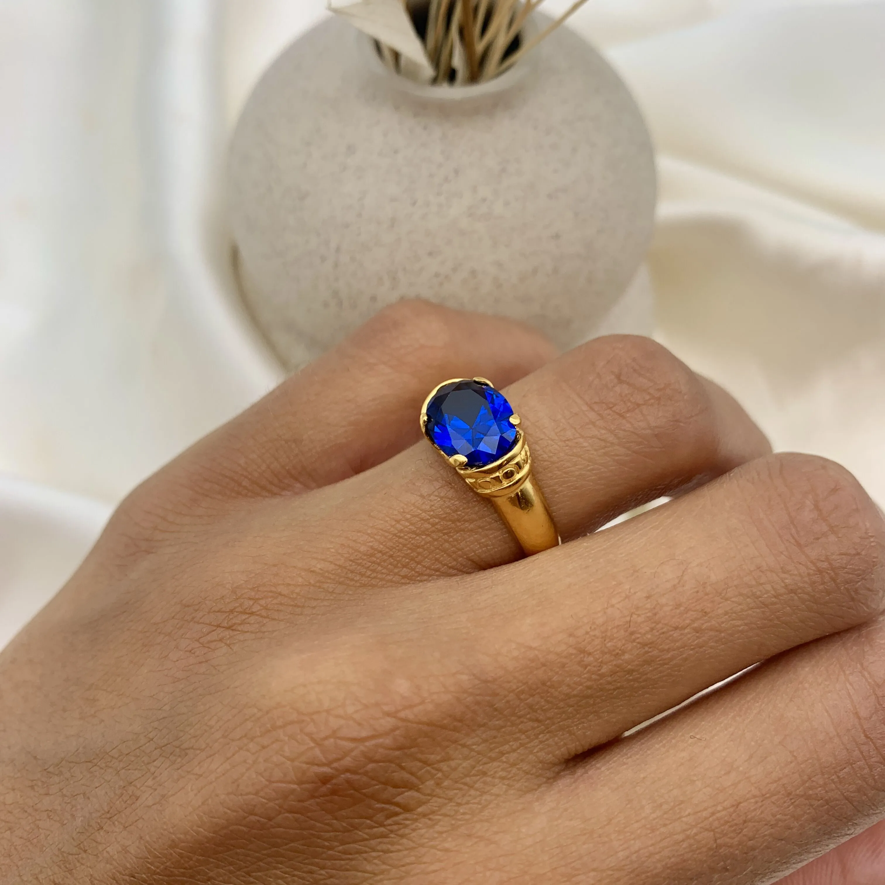 Gold Sapphire Ring - Blue Tribal Ring - Vintage Boho Ring