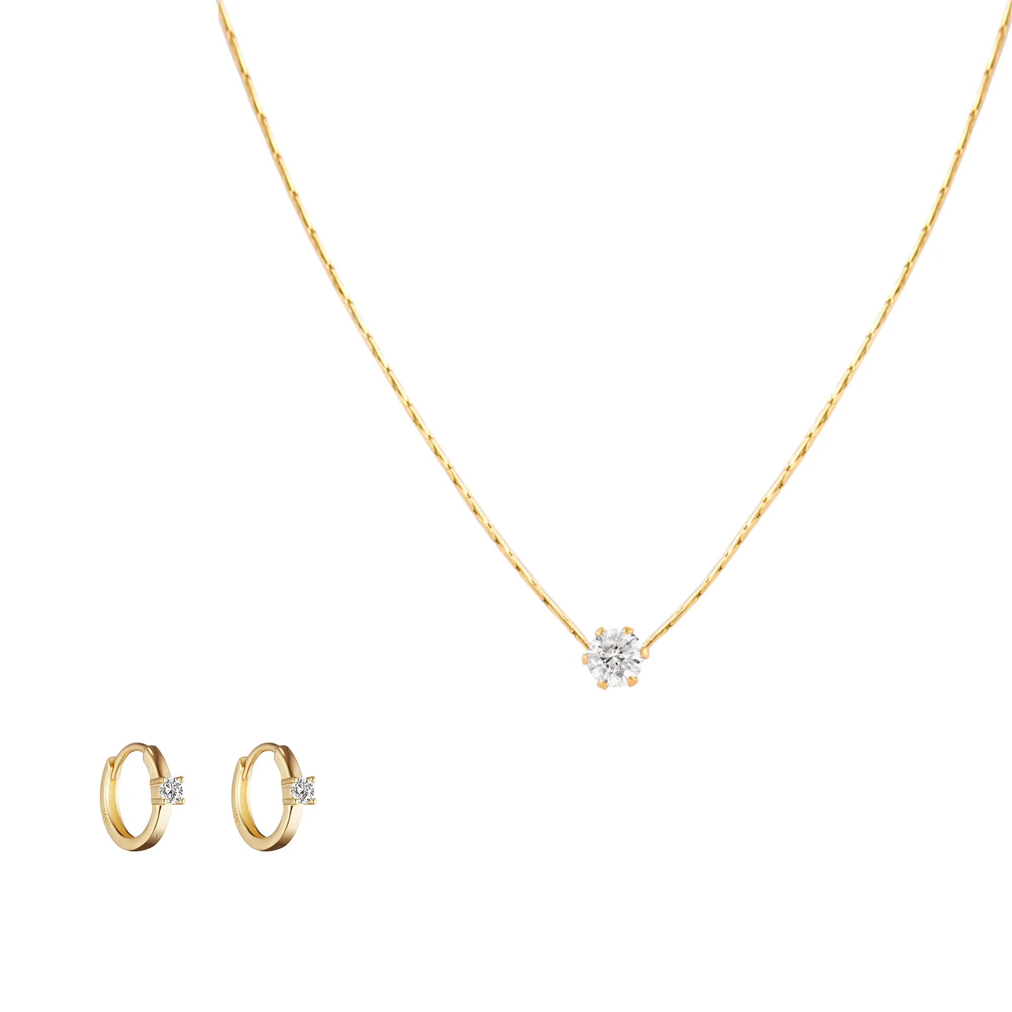 Gold Solitaire Crystal Necklace Earring Set