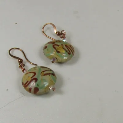 Green Brown & Gold Handmade Artisan Drop Earrings