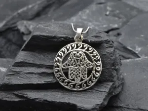 Hamsa Hand Pendant - Large Round Necklace - Silver Statement Necklace