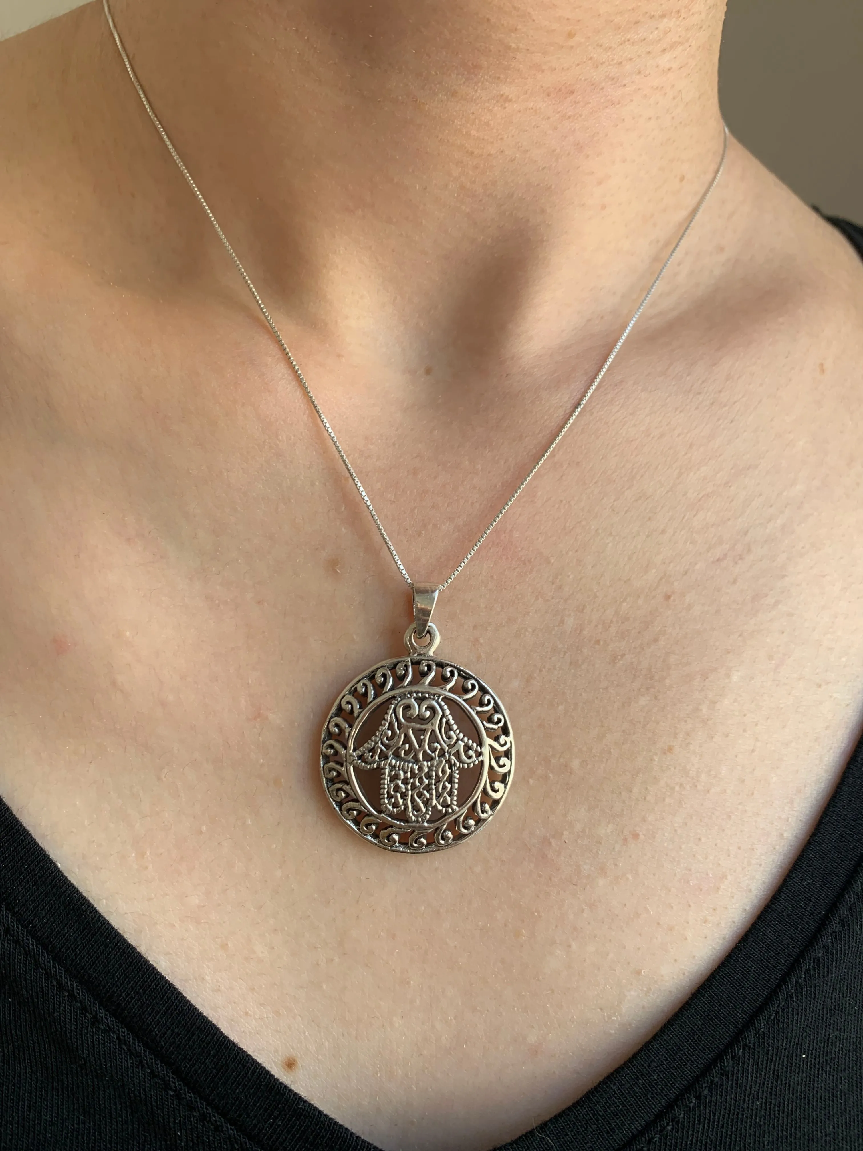 Hamsa Hand Pendant - Large Round Necklace - Silver Statement Necklace