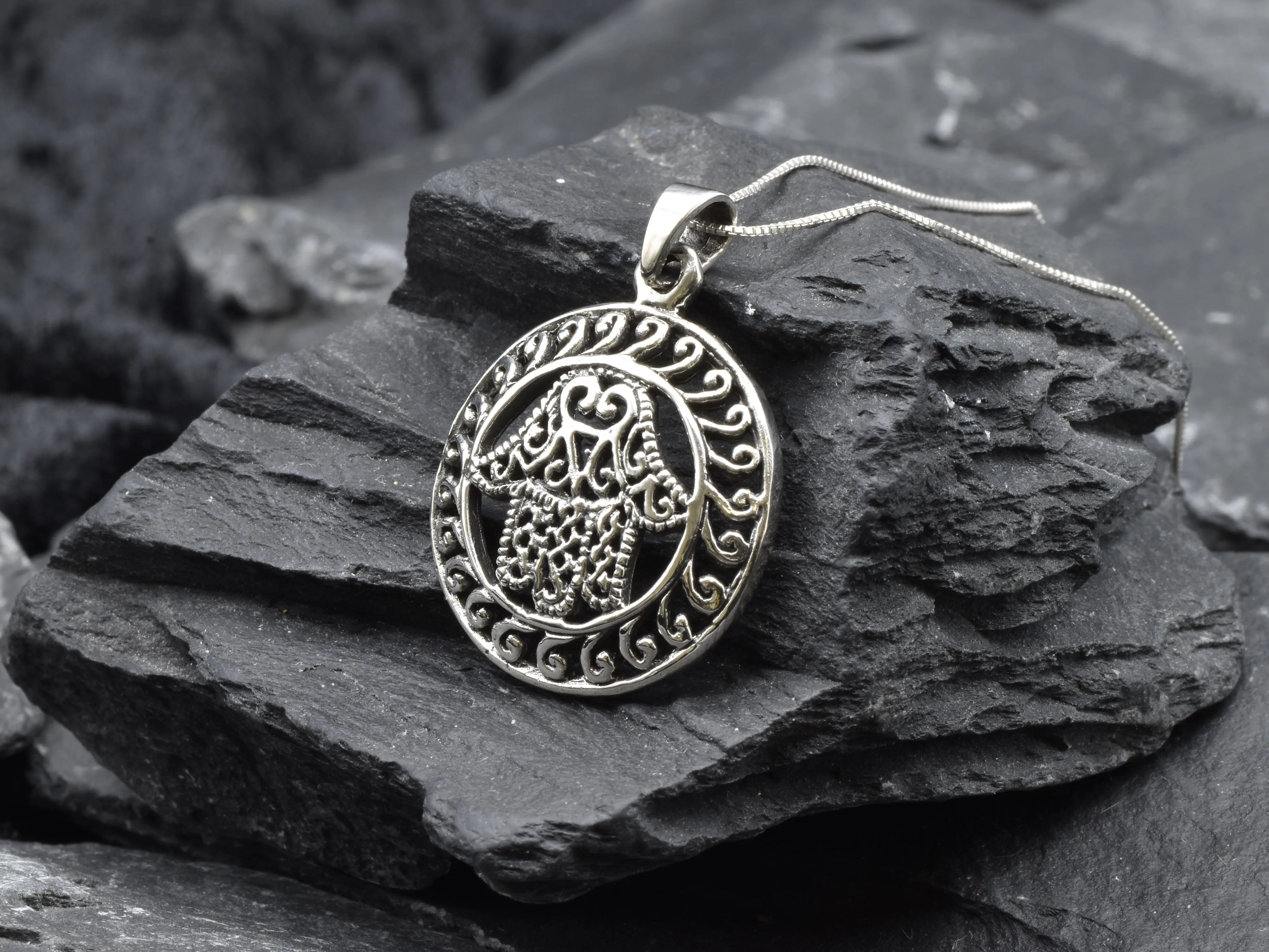 Hamsa Hand Pendant - Large Round Necklace - Silver Statement Necklace