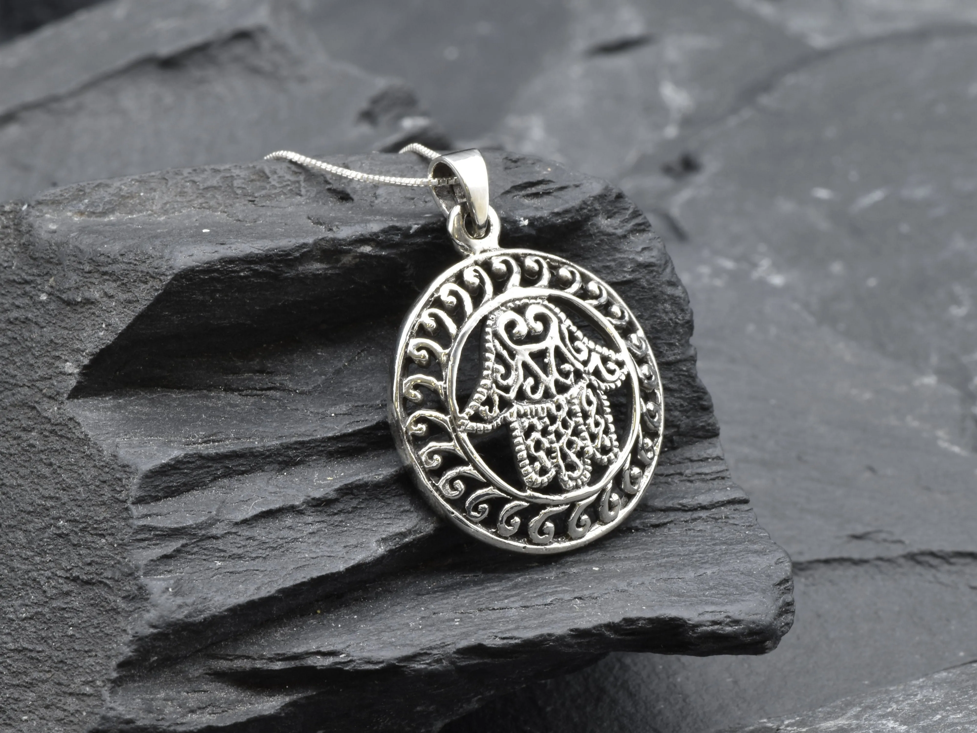 Hamsa Hand Pendant - Large Round Necklace - Silver Statement Necklace