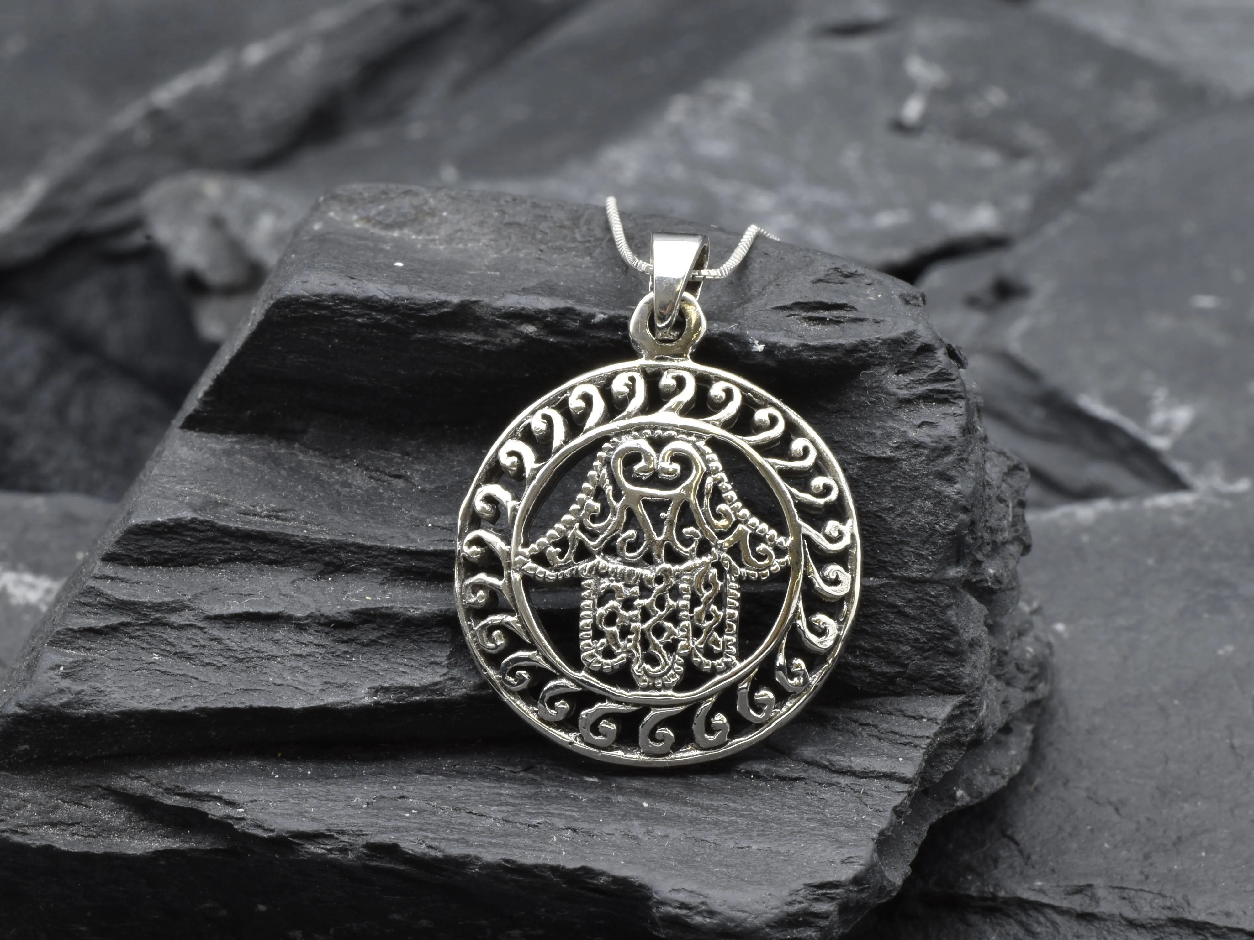 Hamsa Hand Pendant - Large Round Necklace - Silver Statement Necklace