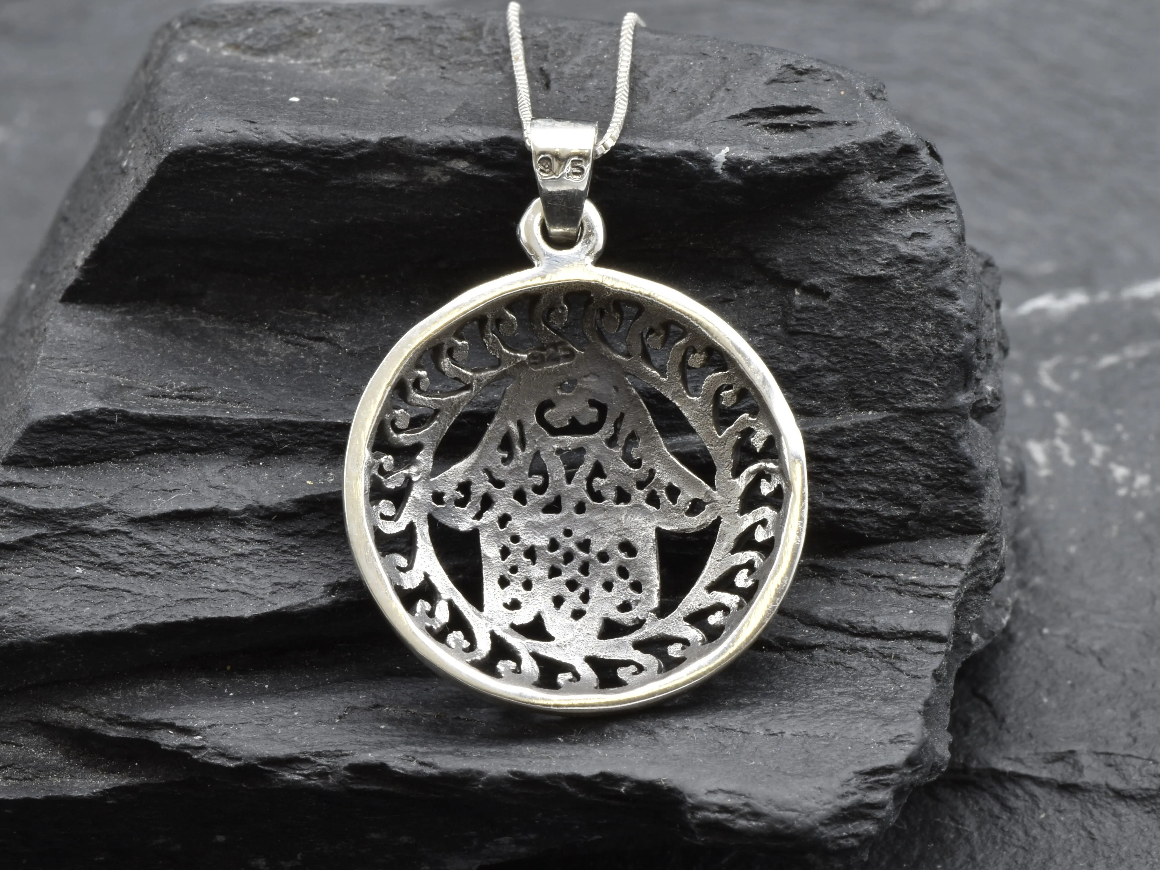 Hamsa Hand Pendant - Large Round Necklace - Silver Statement Necklace