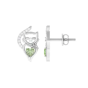 Heart Shape Green Sapphire Cute Cat Stud Earrings with Diamond