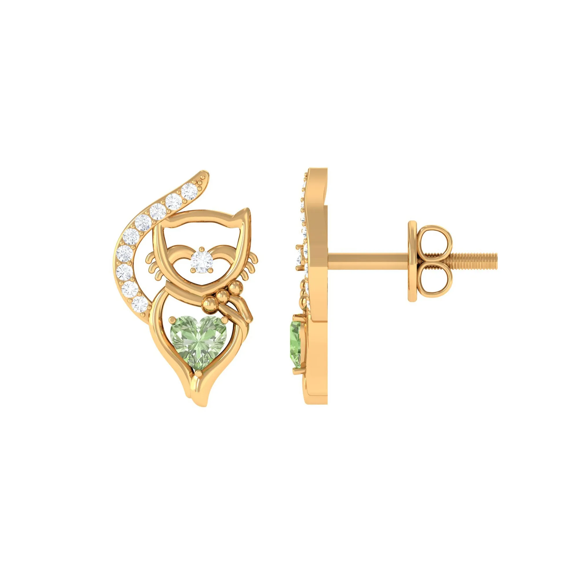 Heart Shape Green Sapphire Cute Cat Stud Earrings with Diamond