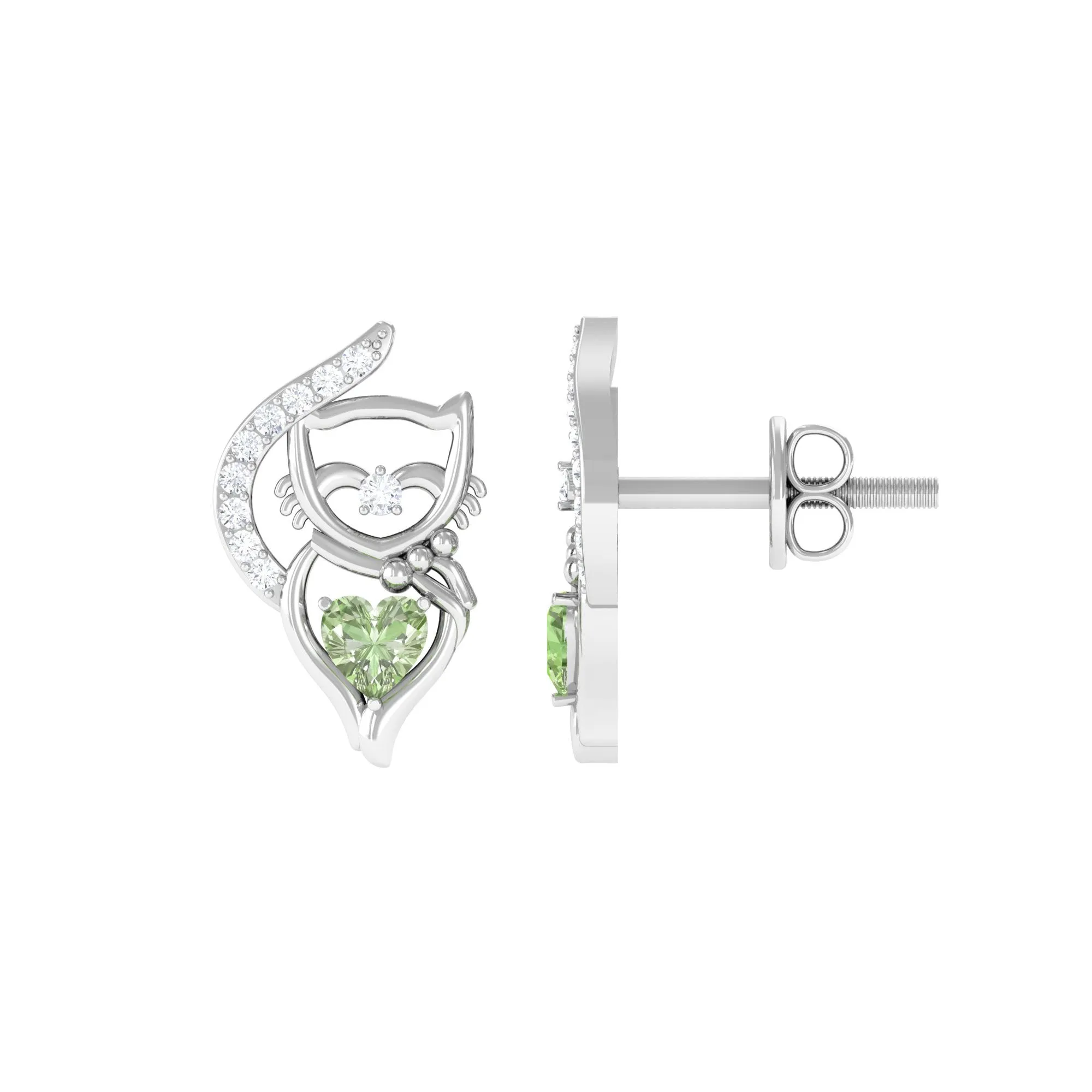 Heart Shape Green Sapphire Cute Cat Stud Earrings with Diamond