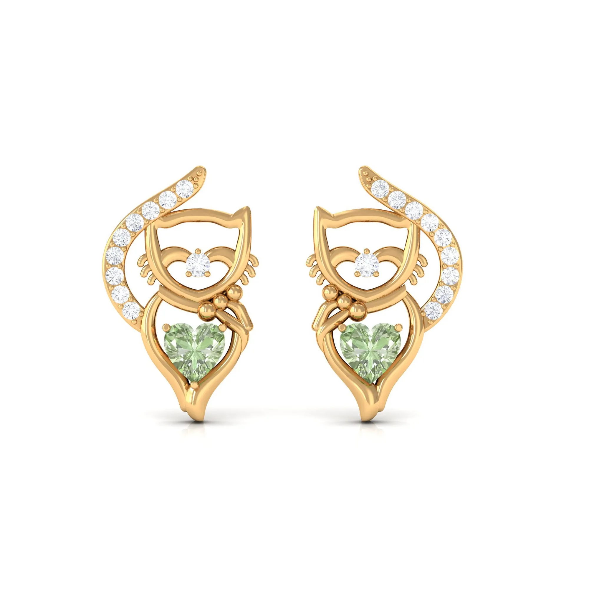 Heart Shape Green Sapphire Cute Cat Stud Earrings with Diamond