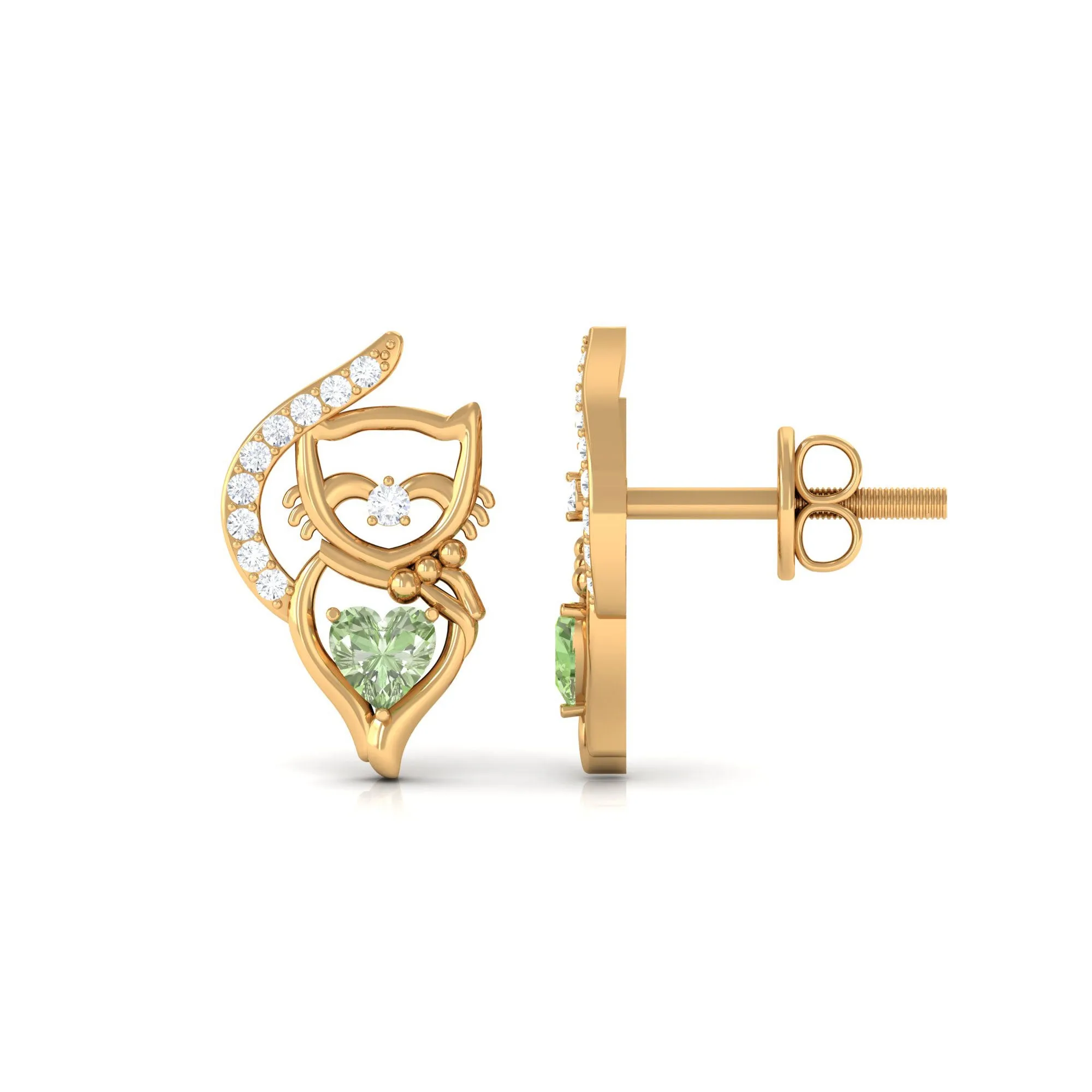 Heart Shape Green Sapphire Cute Cat Stud Earrings with Diamond