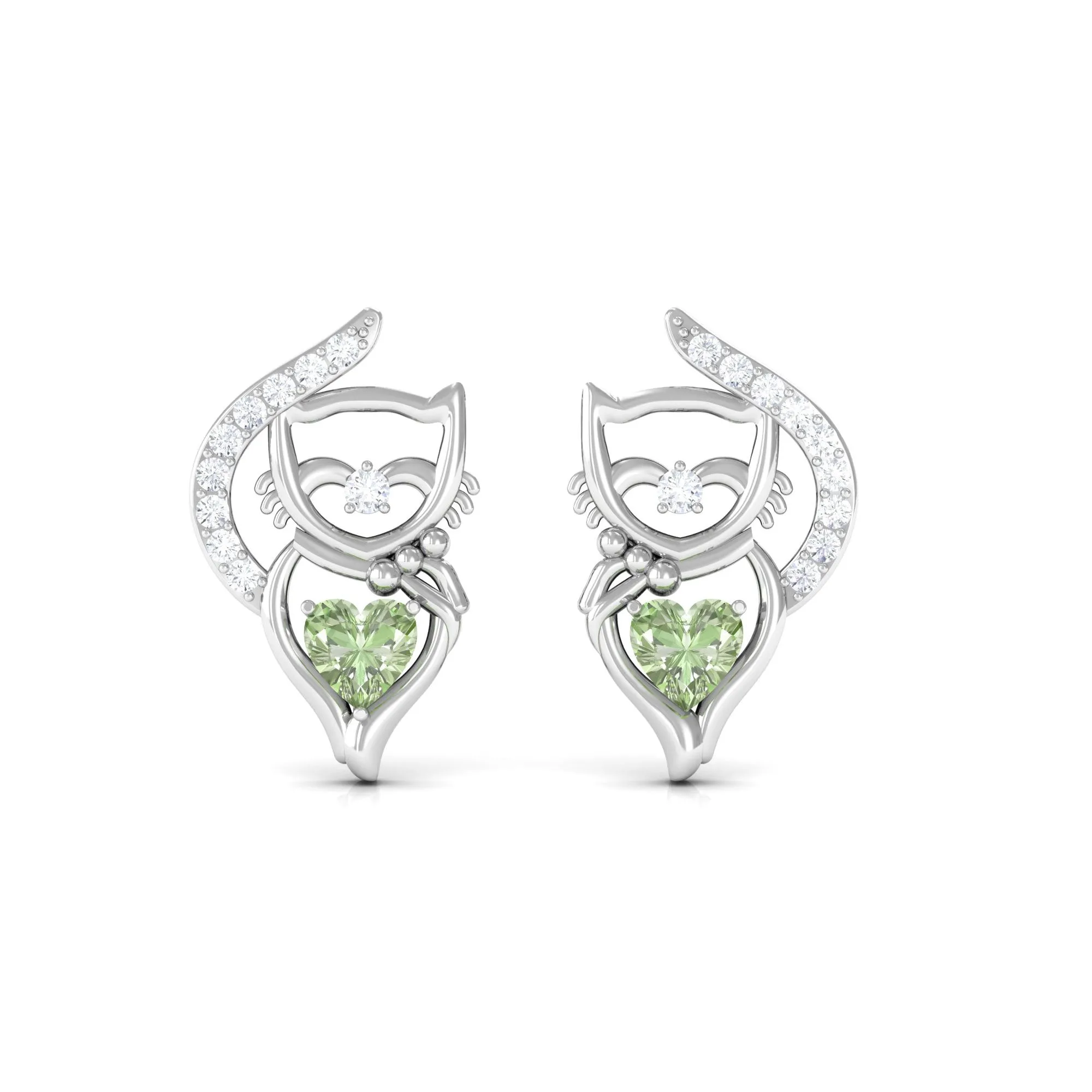 Heart Shape Green Sapphire Cute Cat Stud Earrings with Diamond