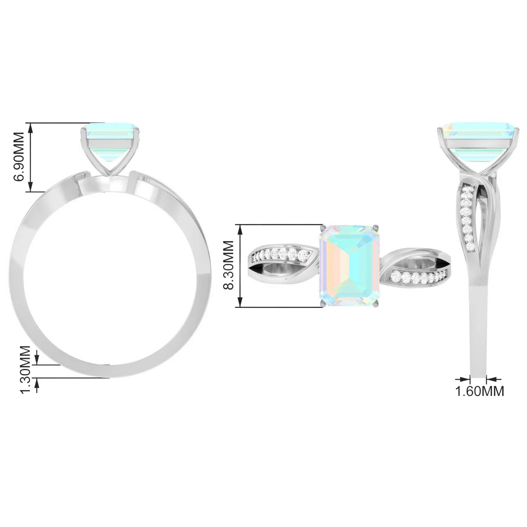 Infinity Shank Emerald Cut Ethiopian Opal Engagement Ring with Diamond