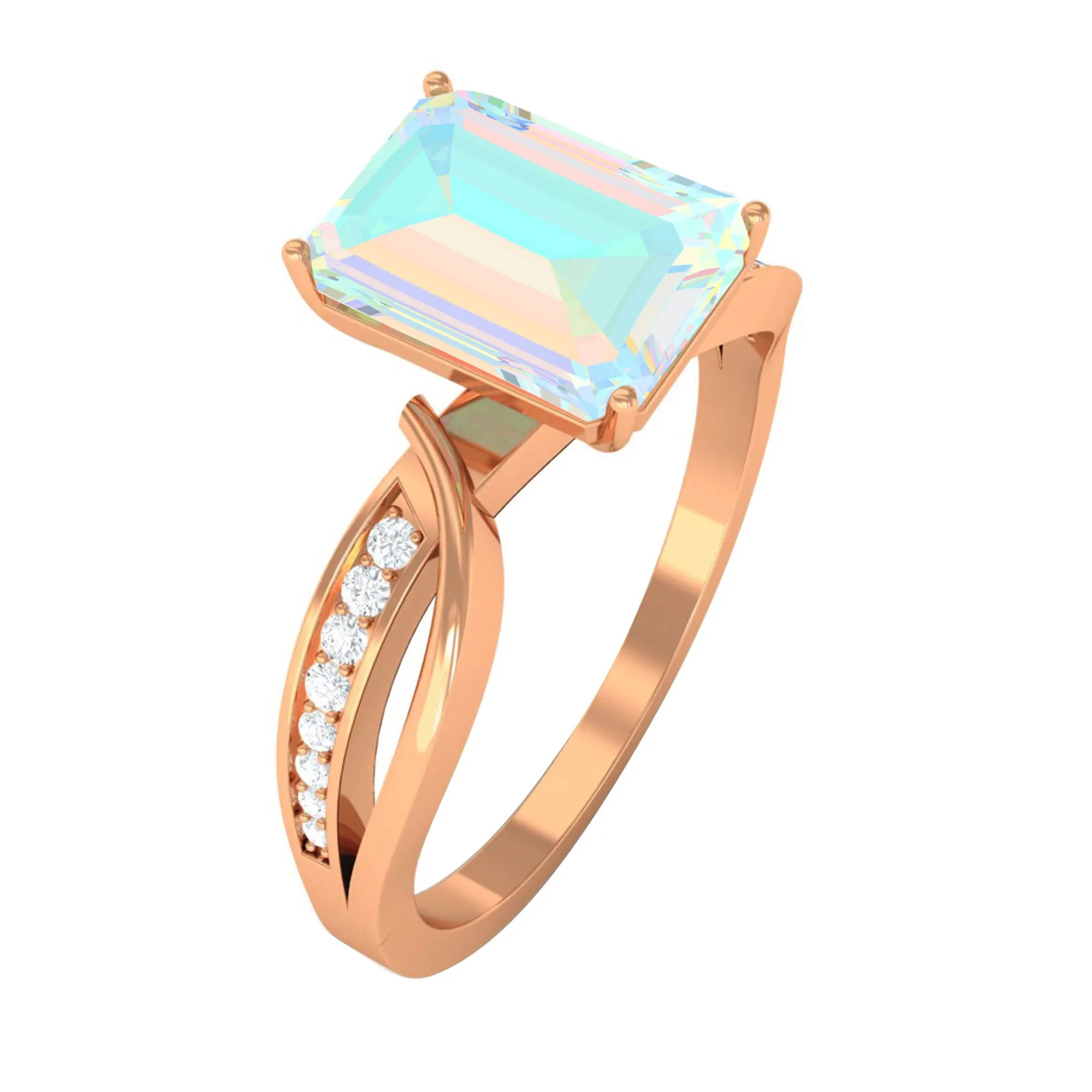 Infinity Shank Emerald Cut Ethiopian Opal Engagement Ring with Diamond