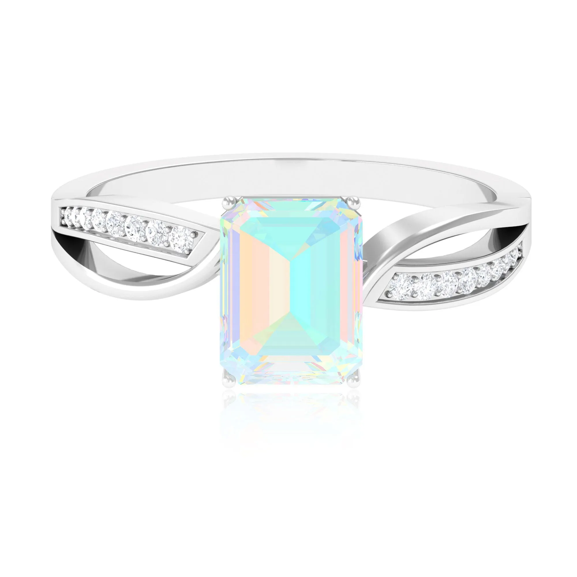 Infinity Shank Emerald Cut Ethiopian Opal Engagement Ring with Diamond