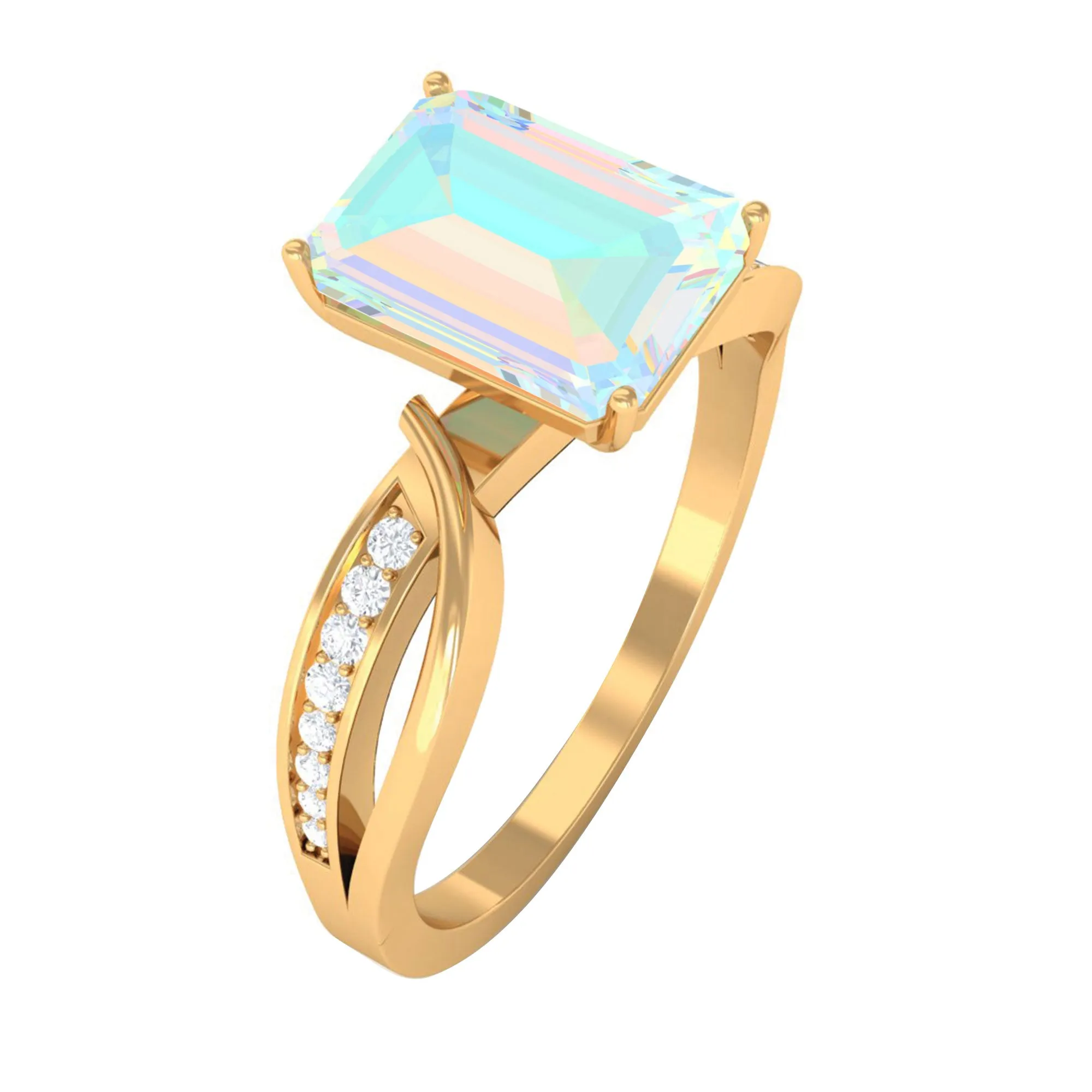 Infinity Shank Emerald Cut Ethiopian Opal Engagement Ring with Diamond