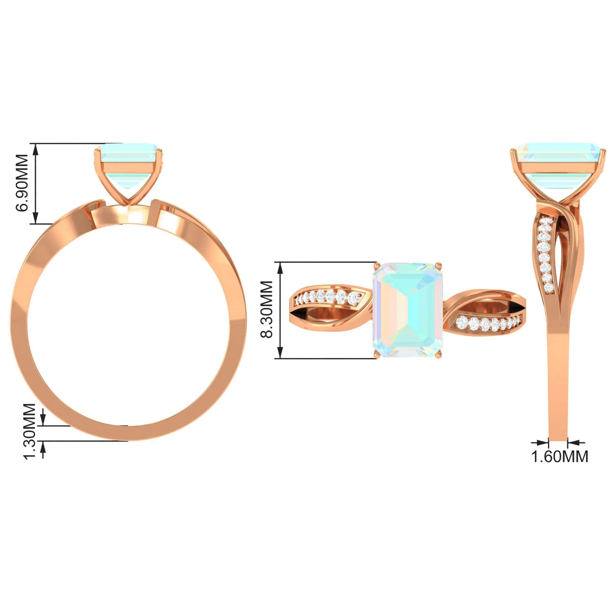 Infinity Shank Emerald Cut Ethiopian Opal Engagement Ring with Diamond