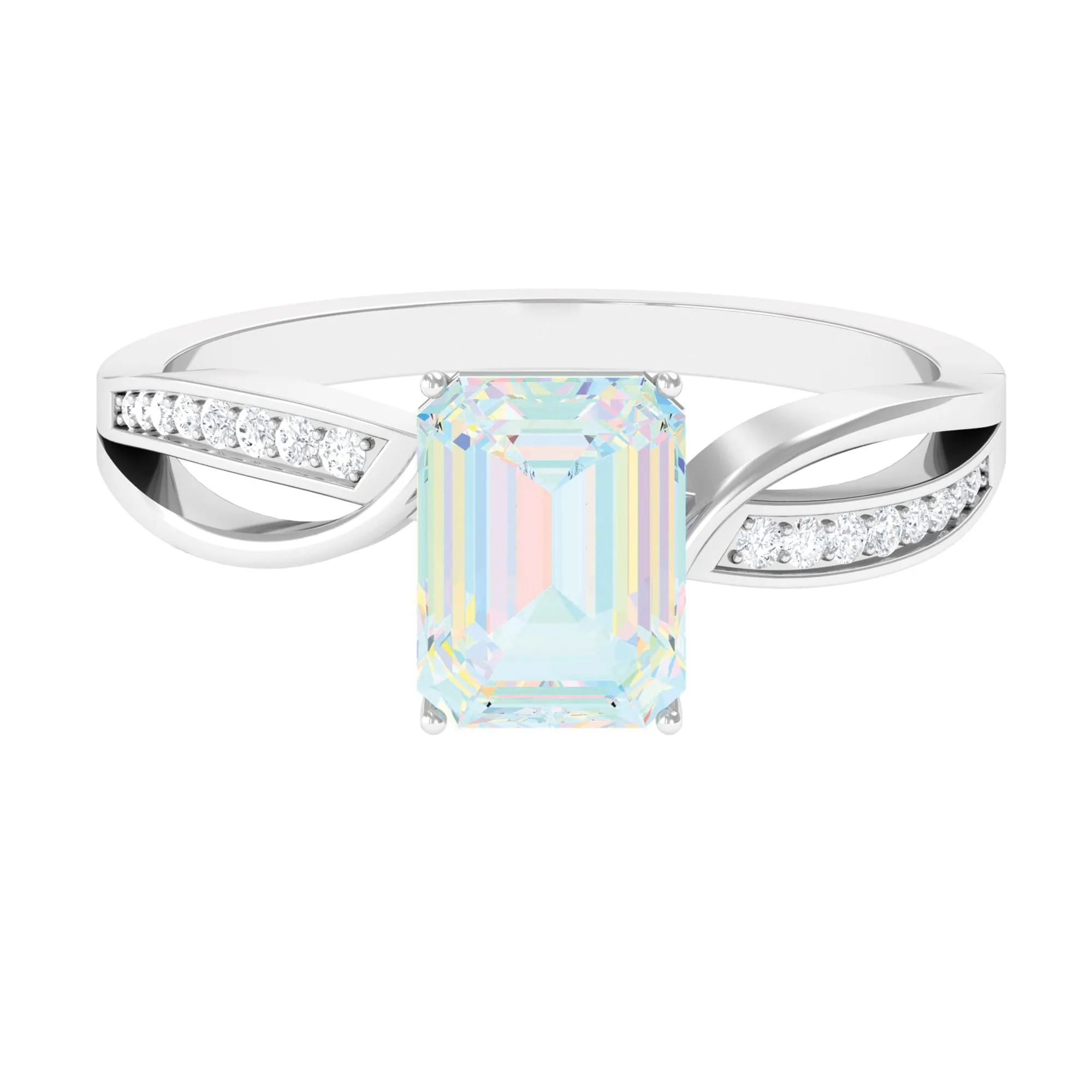 Infinity Shank Emerald Cut Ethiopian Opal Engagement Ring with Diamond