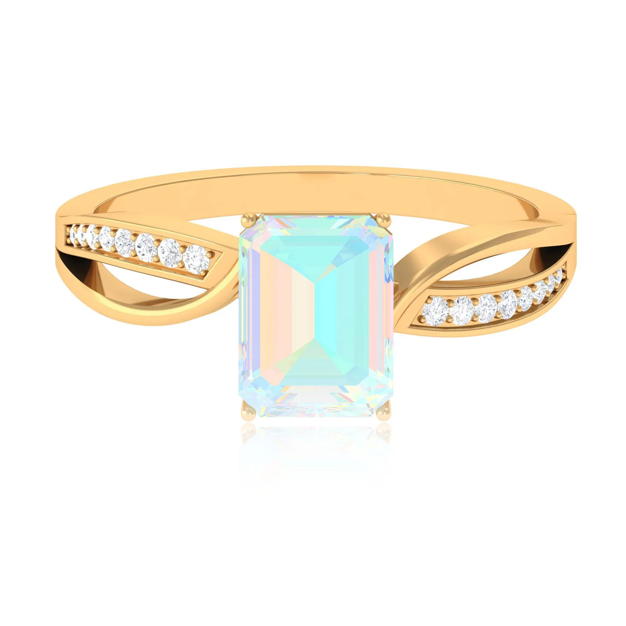 Infinity Shank Emerald Cut Ethiopian Opal Engagement Ring with Diamond