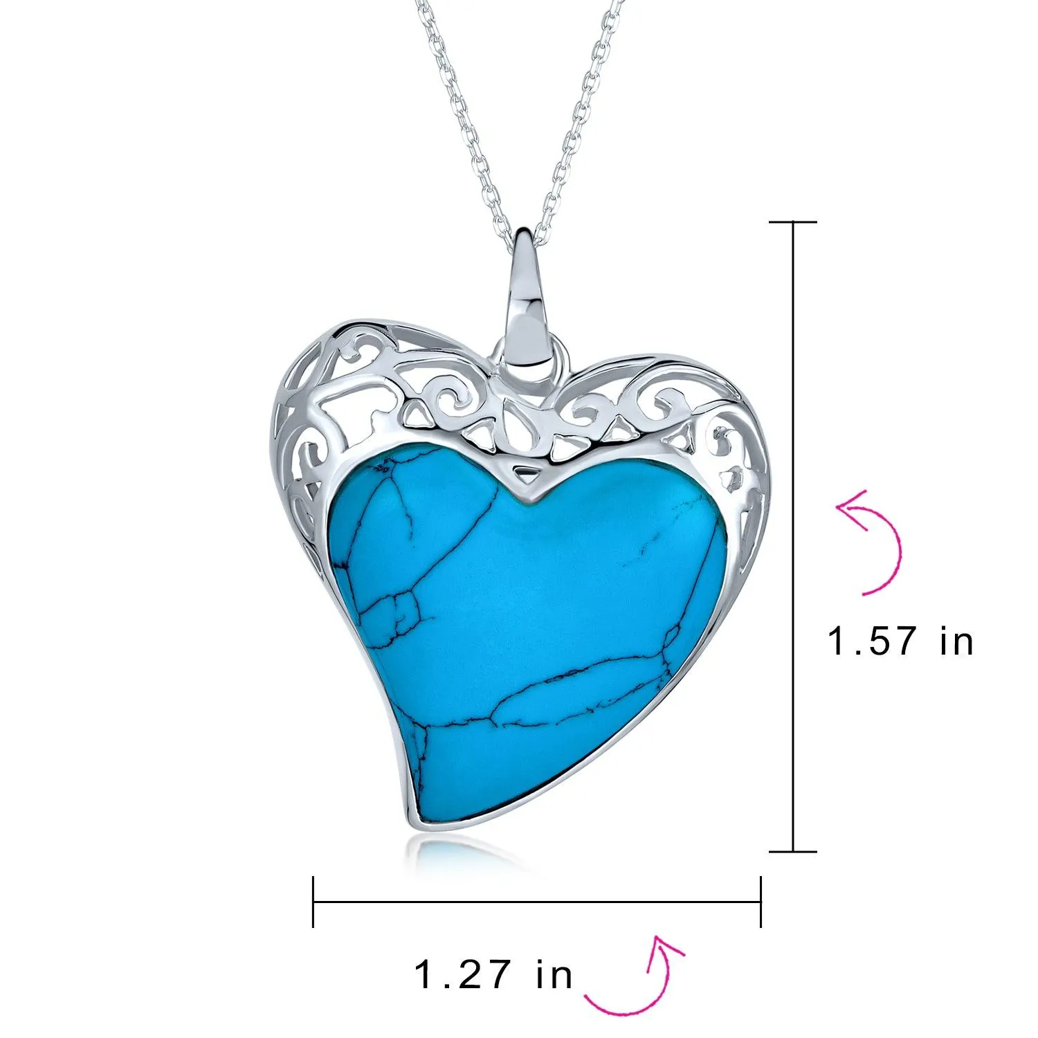 Large Filigree Turquoise Heart Pendant Necklace in Sterling Silver with Chain