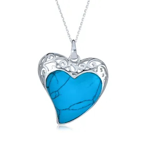 Large Filigree Turquoise Heart Pendant Necklace in Sterling Silver with Chain