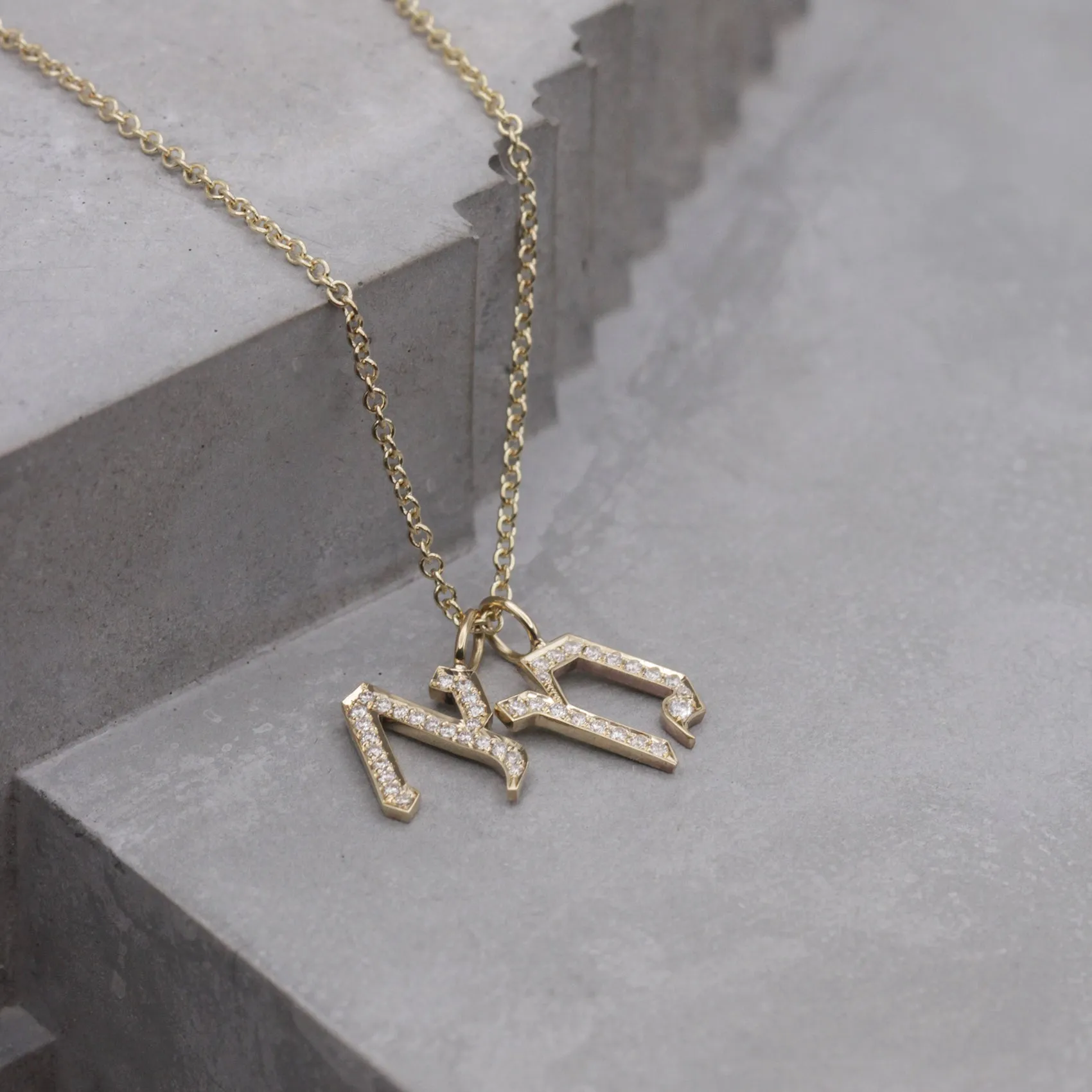 Letter Necklace - two Small Aleph-Bet Encrusted Pendants