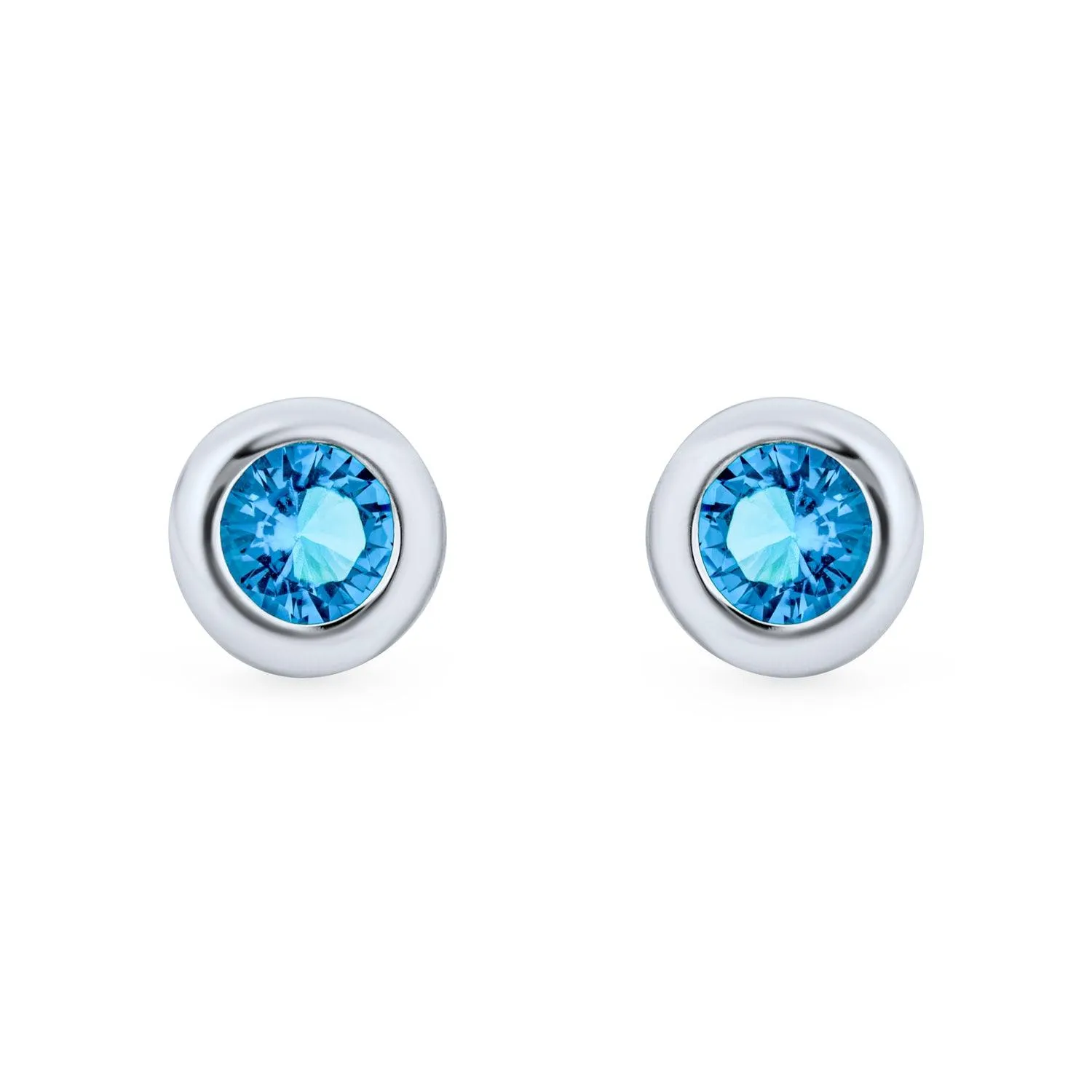 London Blue .50 CT CZ Stud Earrings Bezel Set Round Sterling Silver Simulated Topaz