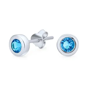 London Blue .50 CT CZ Stud Earrings Bezel Set Round Sterling Silver Simulated Topaz