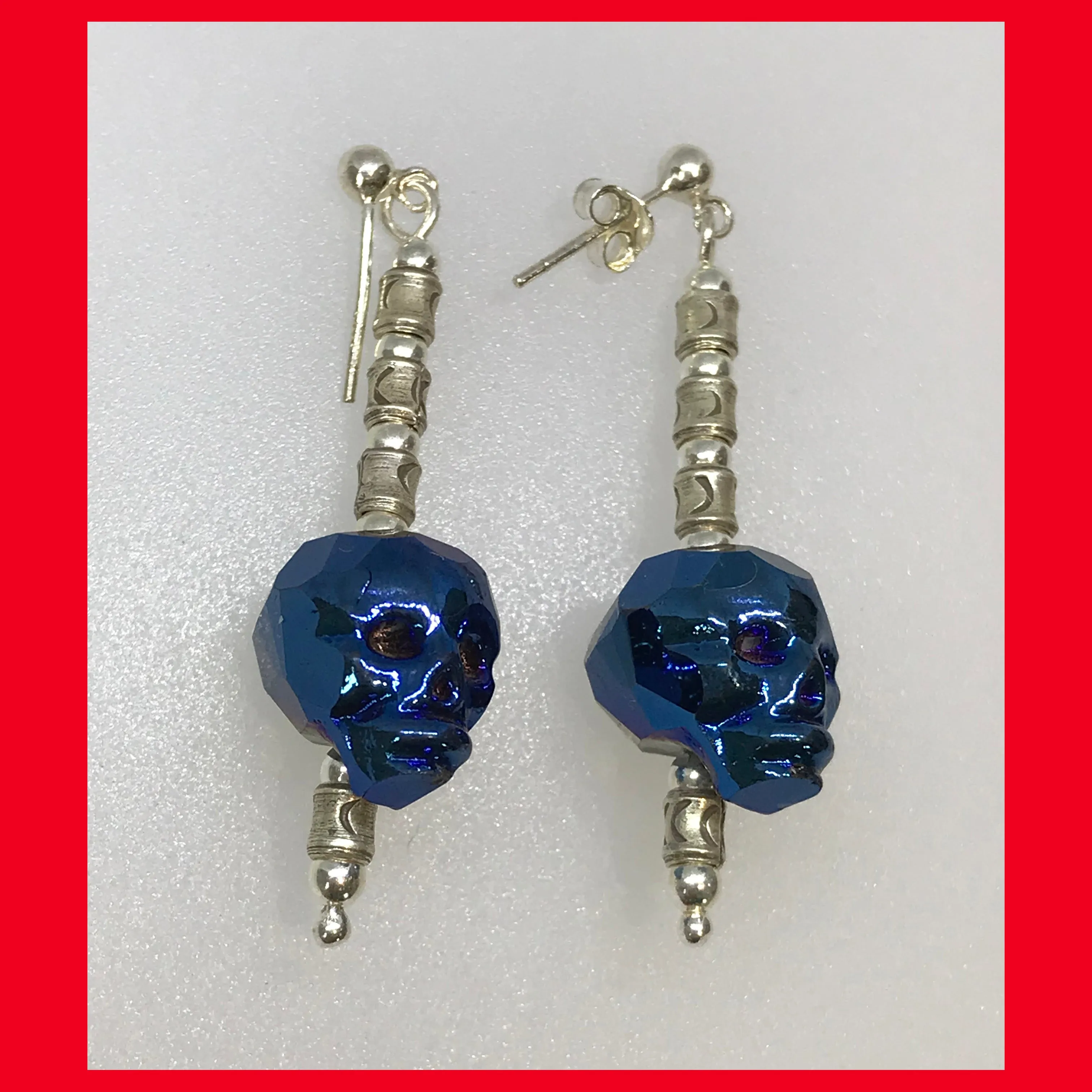 Long Blue Skull Crystal Earrings