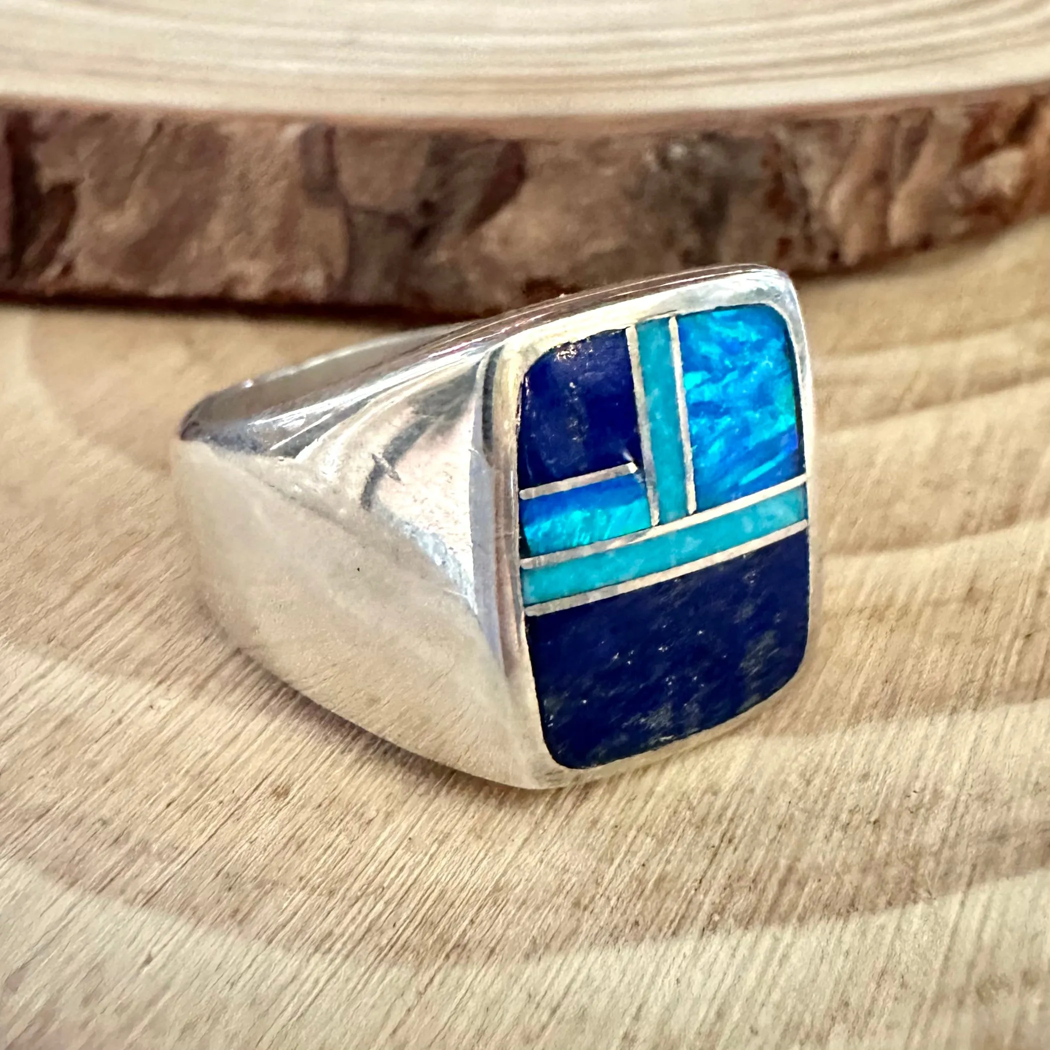 LOVE IN BLUE Multi Stone & Sterling Native American Inlay Mens Ring  Sizes 10, 10.5