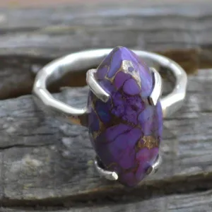 Marquise Purple Turquoise Gemstone 925 Sterling Silver Artisan Handmade Ring, Turquoise Jewelry, Nickel Free, Prong Set Ring